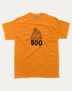 Boo Zombie graphic t-shirt with vintage zombie print, funny and trendy graphic. Perfect funny Halloween gifts for friends and family. Orange shirt.