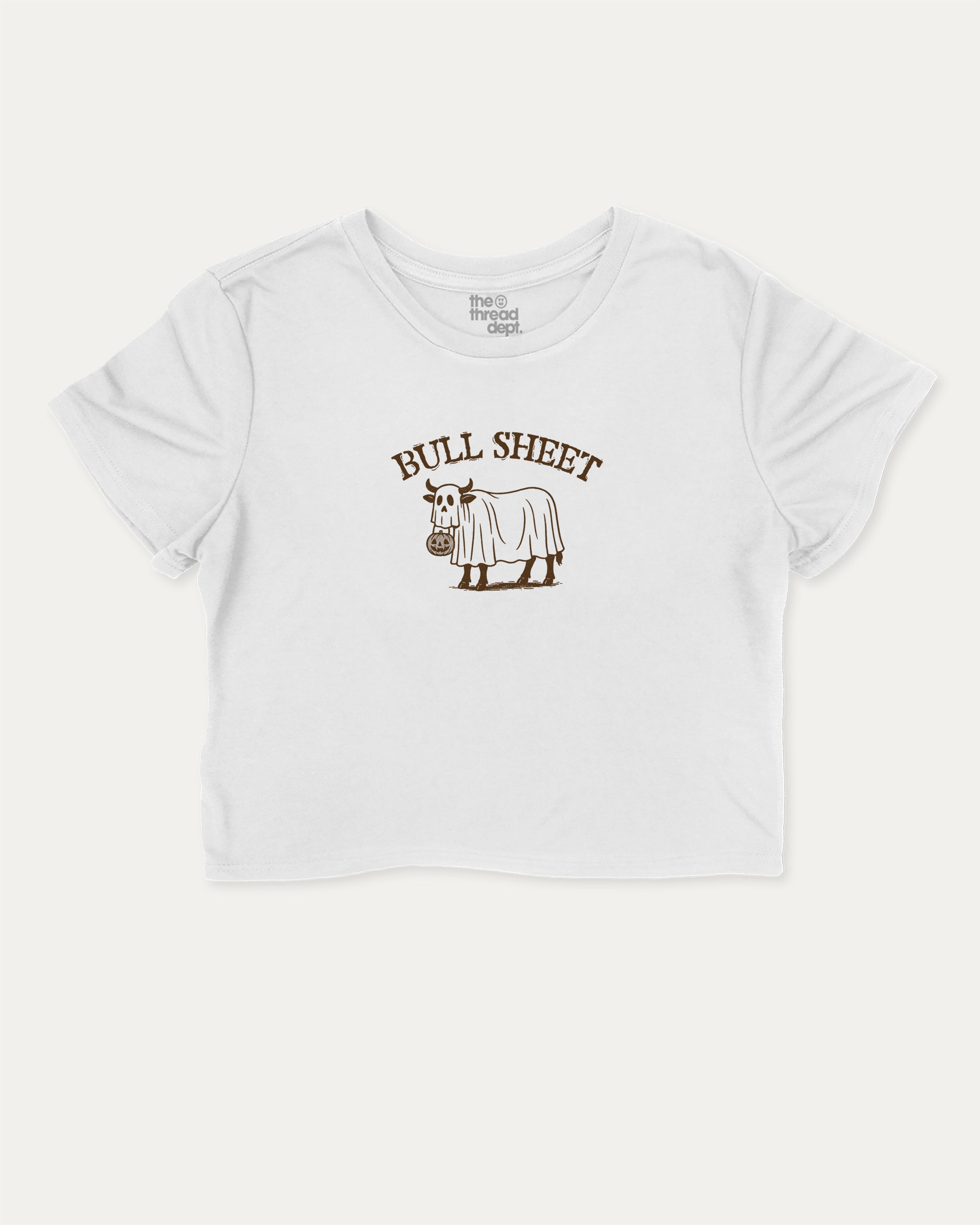 Bull Sheet graphic crop tee with funny and trendy slogan print, perfect for women_ casual looks or layering. Halloween Gift women cropped T shirt, Halloween crop tee, White crop t-shirt.