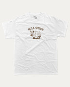 Bull Sheet graphic tee with bold and humorous print, funny and trendy graphic. Halloween Gift, Halloween Graphic T shirt, Perfect for adults and gift-giving. White shirt.