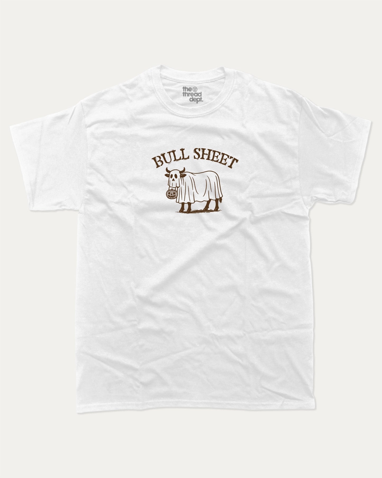 Bull Sheet graphic tee with bold and humorous print, funny and trendy graphic. Halloween Gift, Halloween Graphic T shirt, Perfect for adults and gift-giving. White shirt.
