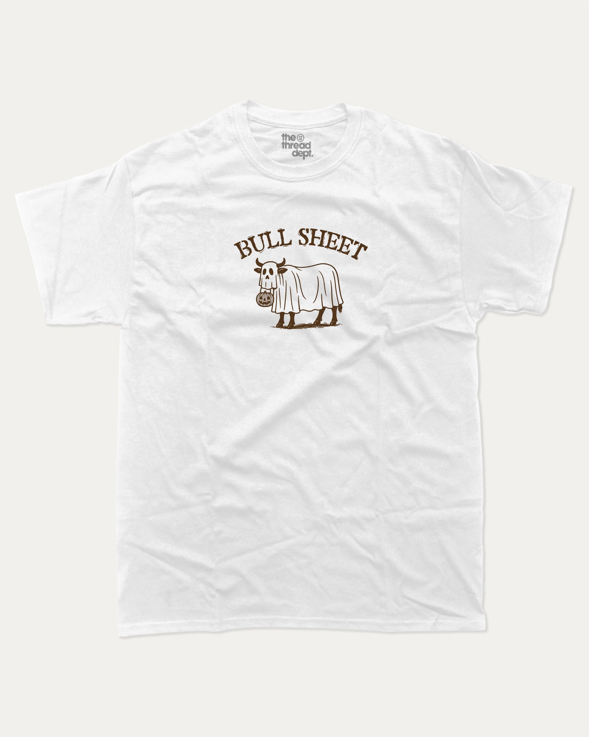 Bull Sheet graphic tee with bold and humorous print, funny and trendy graphic. Halloween Gift, Halloween Graphic T shirt, Perfect for adults and gift-giving. White shirt.