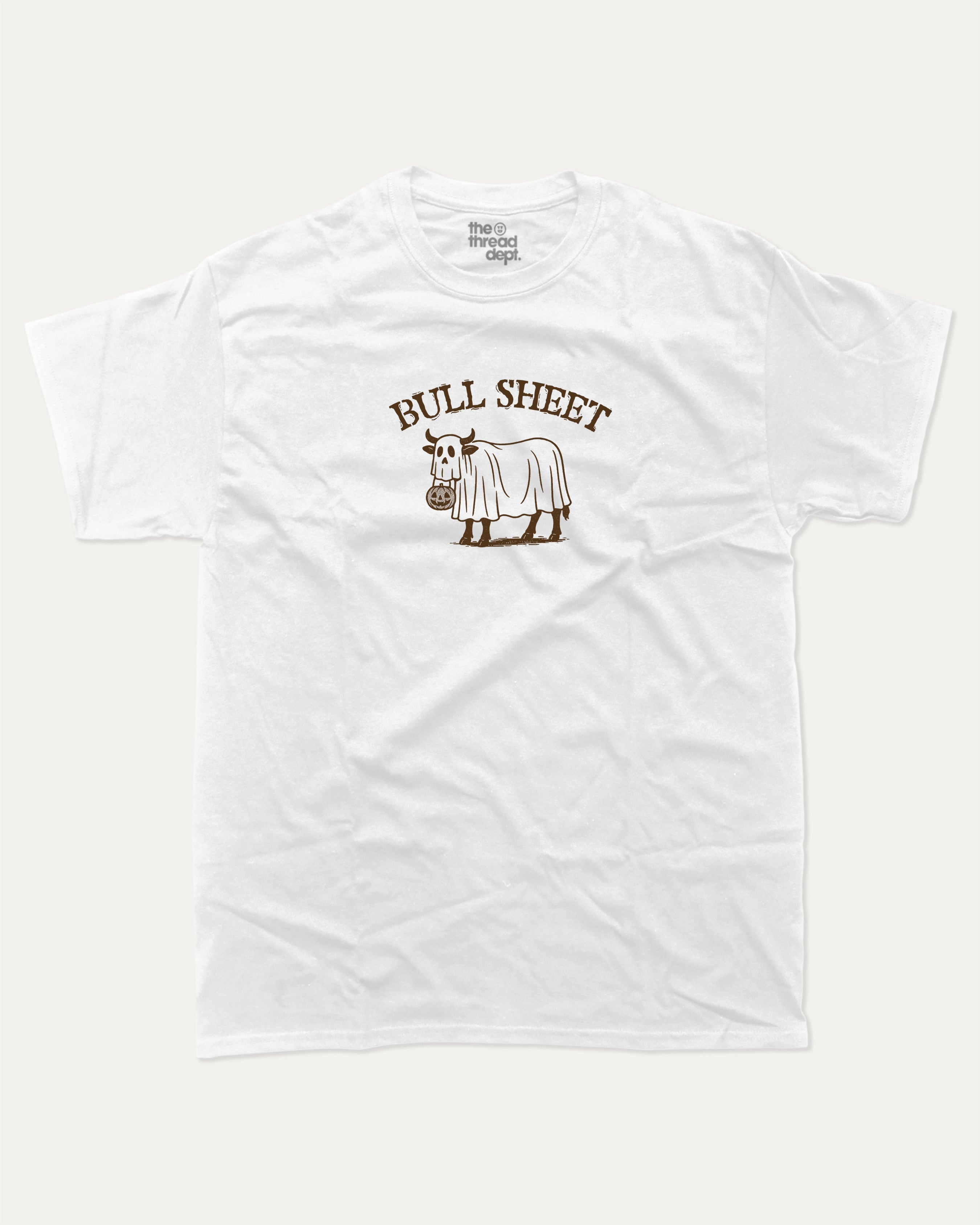 Bull Sheet graphic tee with bold and humorous print, funny and trendy graphic. Halloween Gift, Halloween Graphic T shirt, Perfect for adults and gift-giving. White shirt.