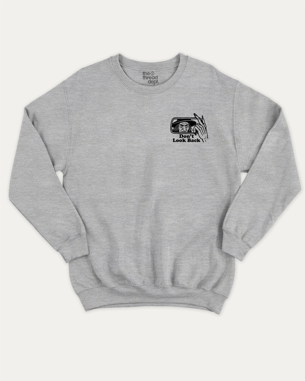 Don't Look Back graphic sweatshirt with bold and humorous print, warm and cozy graphic for everyday wear. Perfect for adults and gift-giving. Heather Grey pullover.