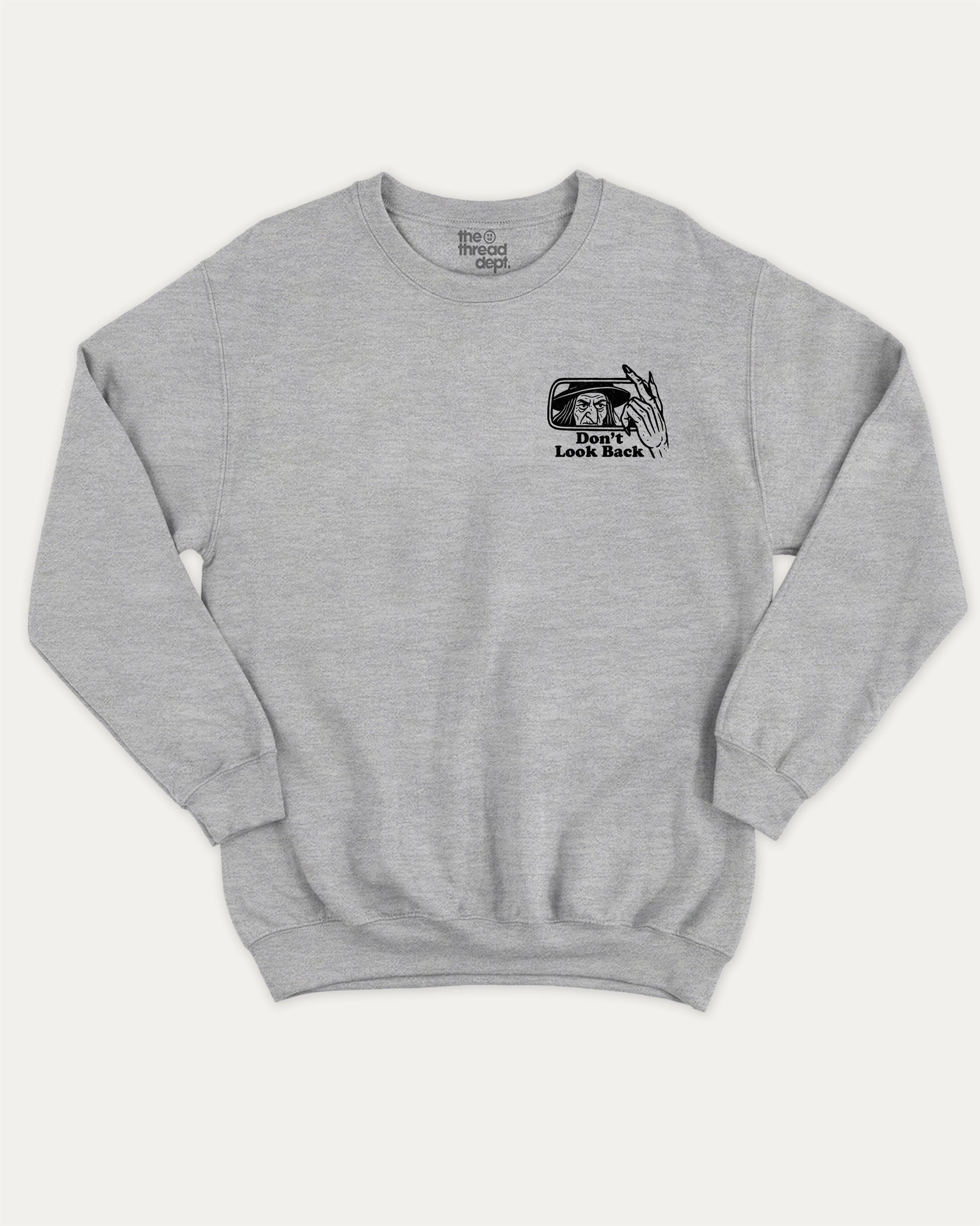 Don't Look Back graphic sweatshirt with bold and humorous print, warm and cozy graphic for everyday wear. Perfect for adults and gift-giving. Heather Grey pullover.