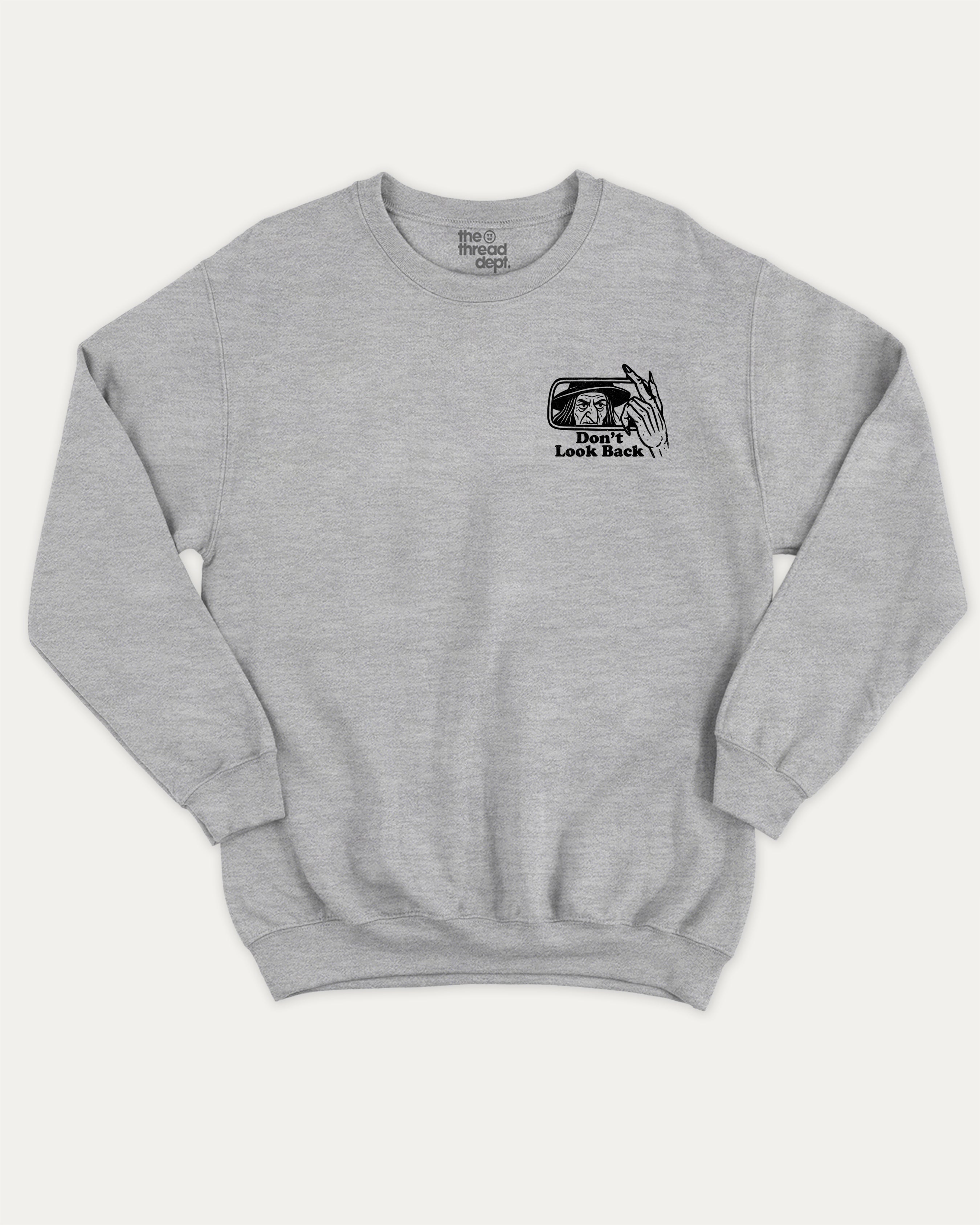 Don't Look Back graphic sweatshirt with bold and humorous print, warm and cozy graphic for everyday wear. Perfect for adults and gift-giving. Heather Grey pullover.