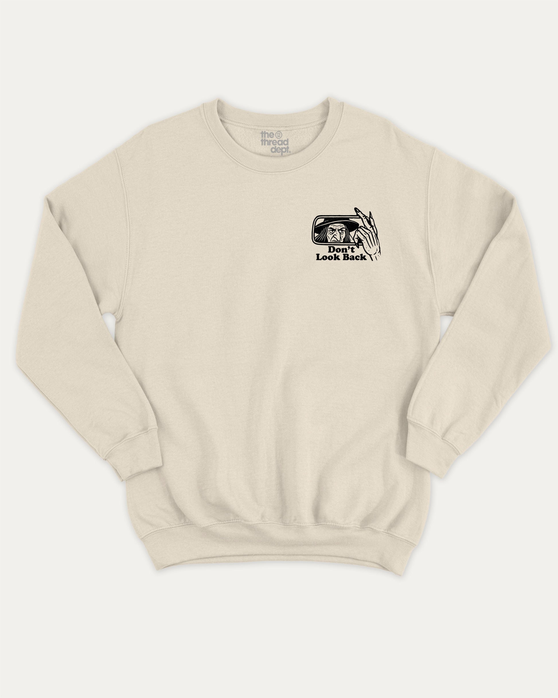 Don't Look Back graphic sweatshirt with bold and humorous print, warm and cozy graphic for everyday wear. Perfect for adults and gift-giving. Natural pullover.