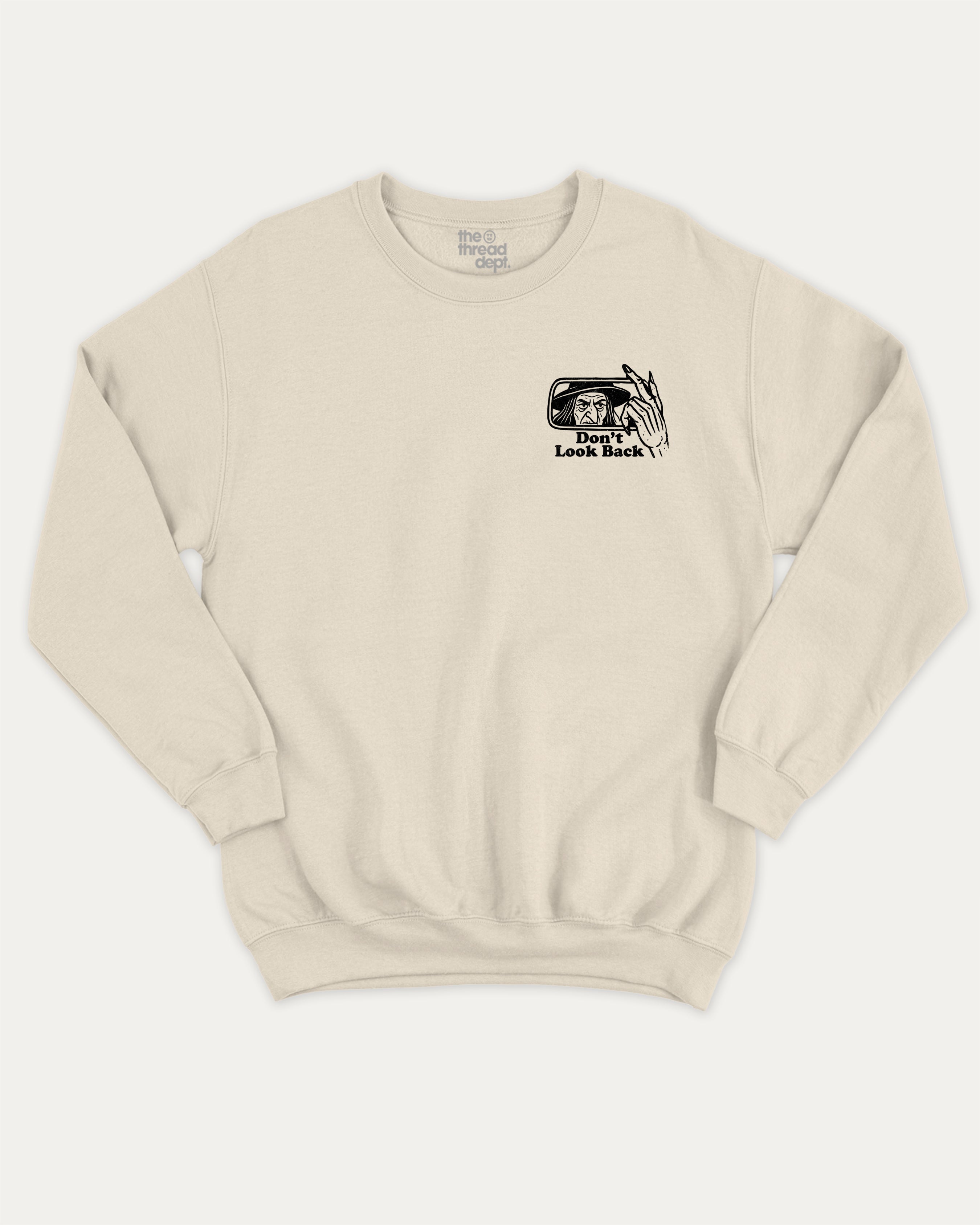 Don't Look Back graphic sweatshirt with bold and humorous print, warm and cozy graphic for everyday wear. Perfect for adults and gift-giving. Natural pullover.