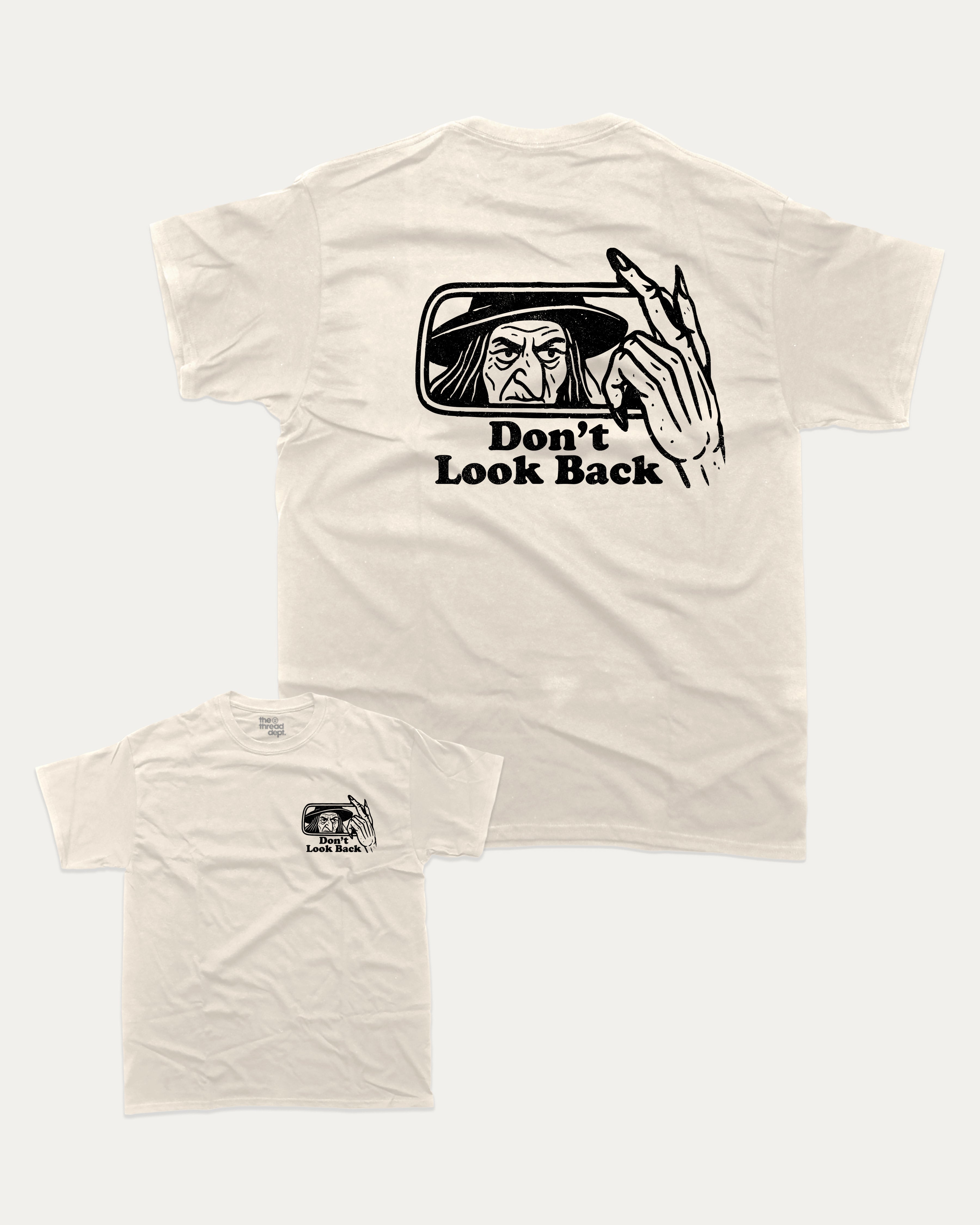 Don't Look Back graphic tee with bold and humorous print, funny and trendy graphic. Perfect gift for Halloween day, Halloween Graphic T shirt, Celebrating Halloween Tee,  Perfect for adults and gift-giving. Cream shirt.