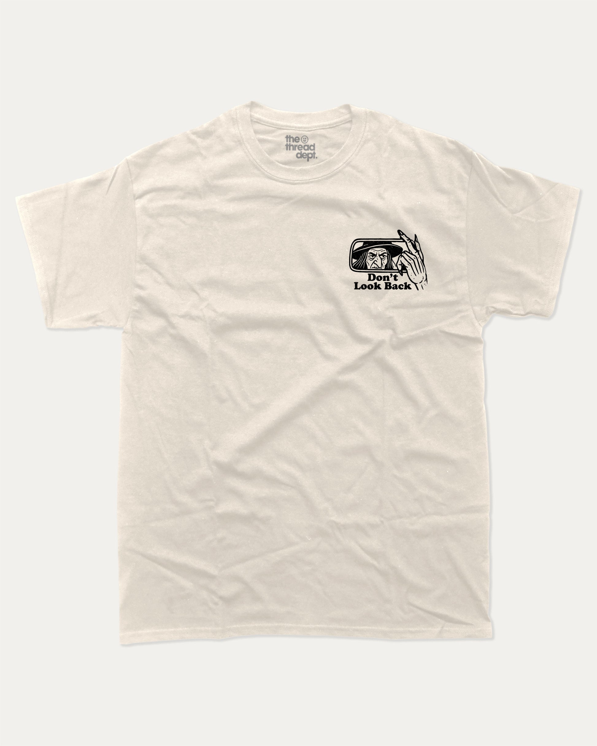 Don't Look Back graphic tee with bold and humorous print, funny and trendy graphic. Perfect gift for Halloween day, Halloween Graphic T shirt, Celebrating Halloween Tee,  Perfect for adults and gift-giving. Cream shirt.