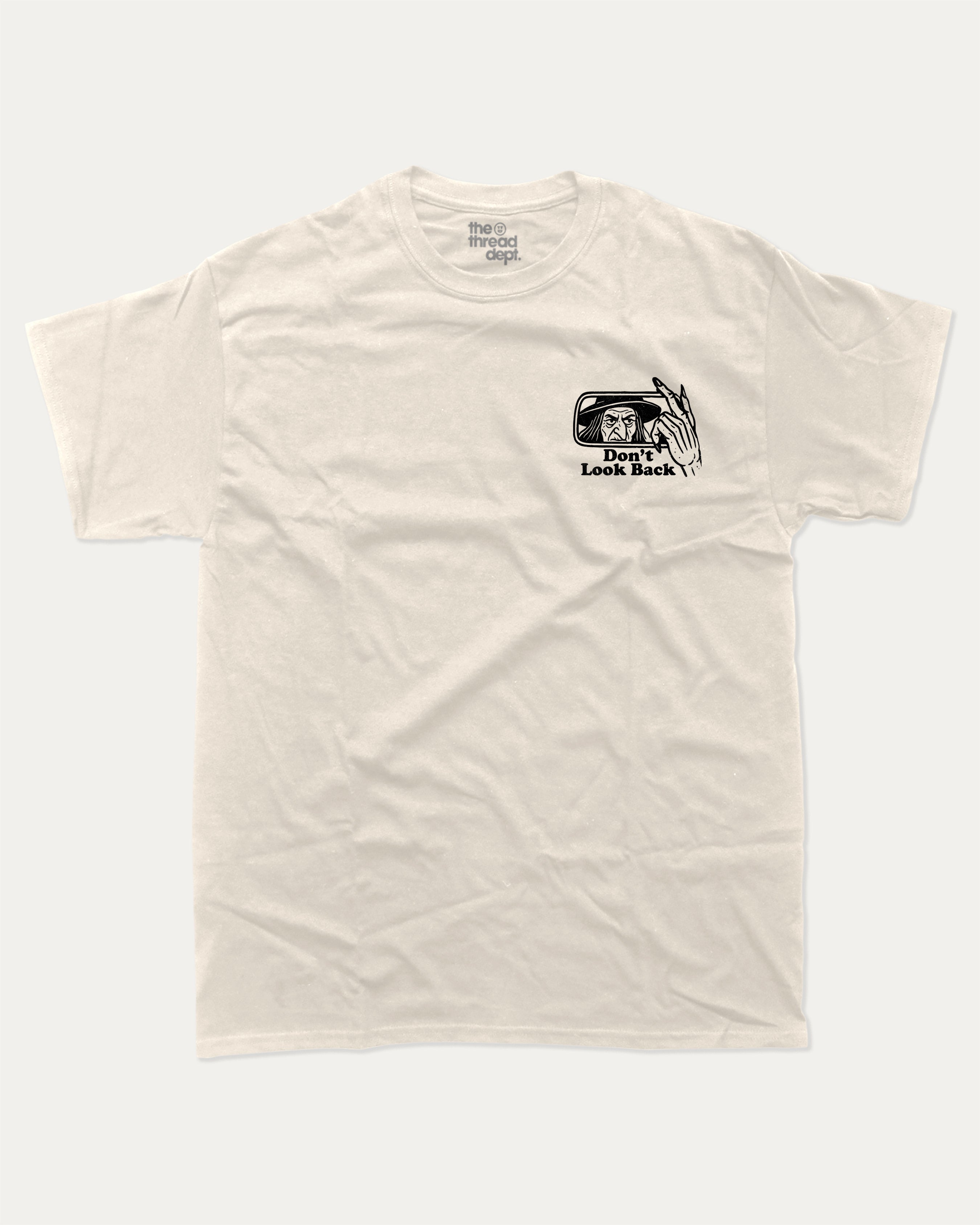 Don't Look Back graphic tee with bold and humorous print, funny and trendy graphic. Perfect gift for Halloween day, Halloween Graphic T shirt, Celebrating Halloween Tee,  Perfect for adults and gift-giving. Cream shirt.