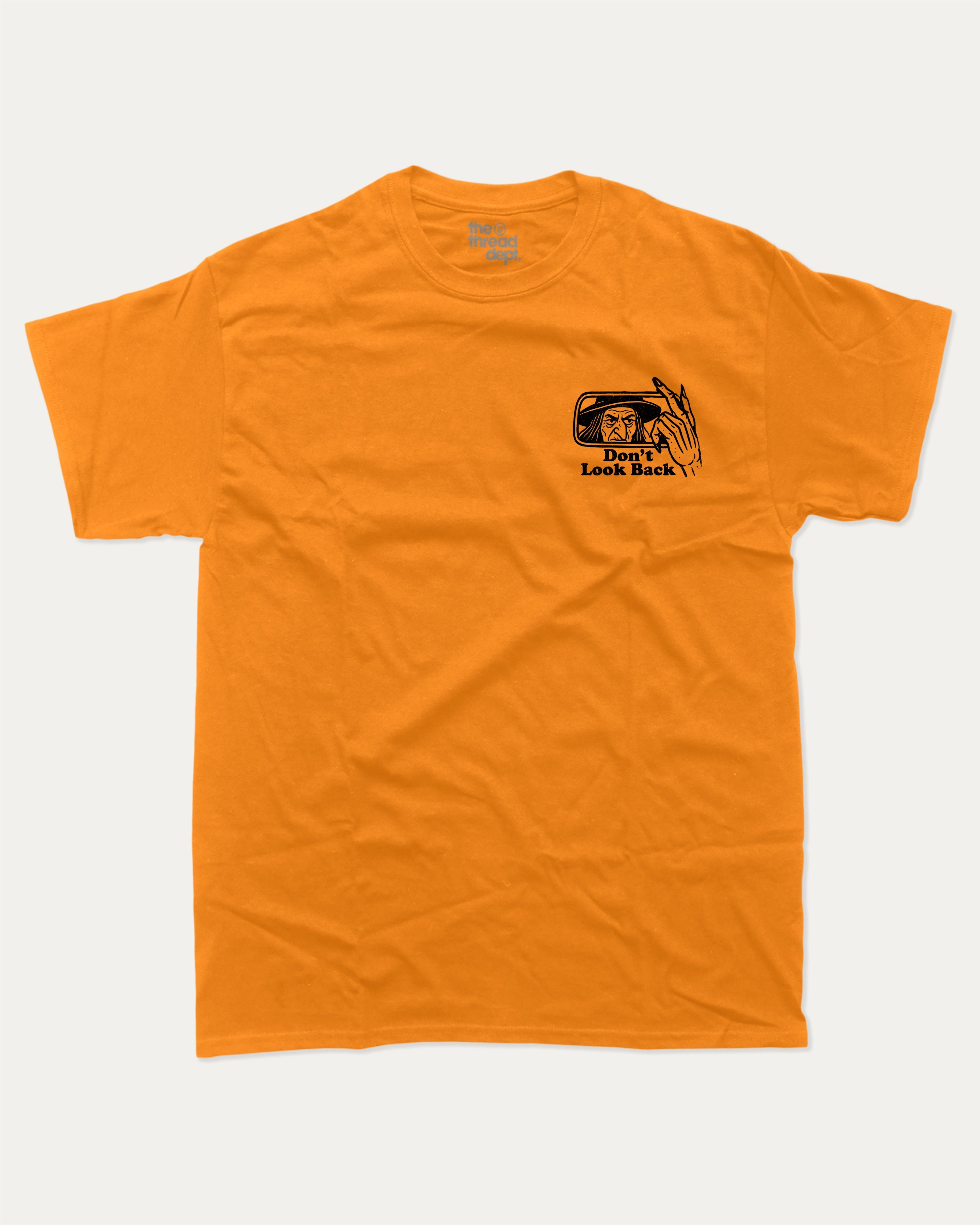 Don't Look Back graphic tee with bold and humorous print, funny and trendy graphic. Perfect gift for Halloween day, Halloween Graphic T shirt, Celebrating Halloween Tee,  Perfect for adults and gift-giving. Orange shirt.