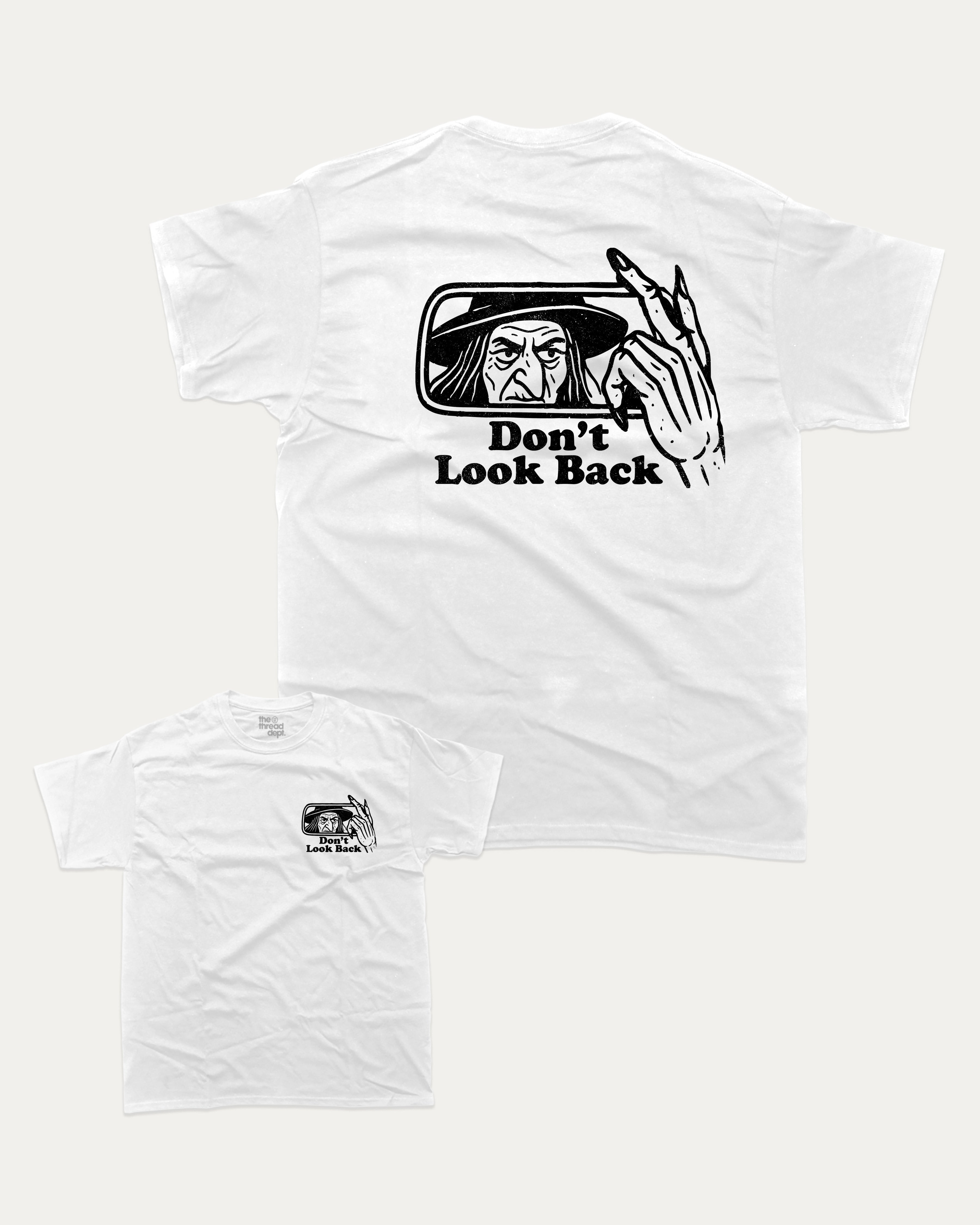 Don't Look Back graphic tee with bold and humorous print, funny and trendy graphic. Perfect gift for Halloween day, Halloween Graphic T shirt, Celebrating Halloween Tee,  Perfect for adults and gift-giving. White shirt.