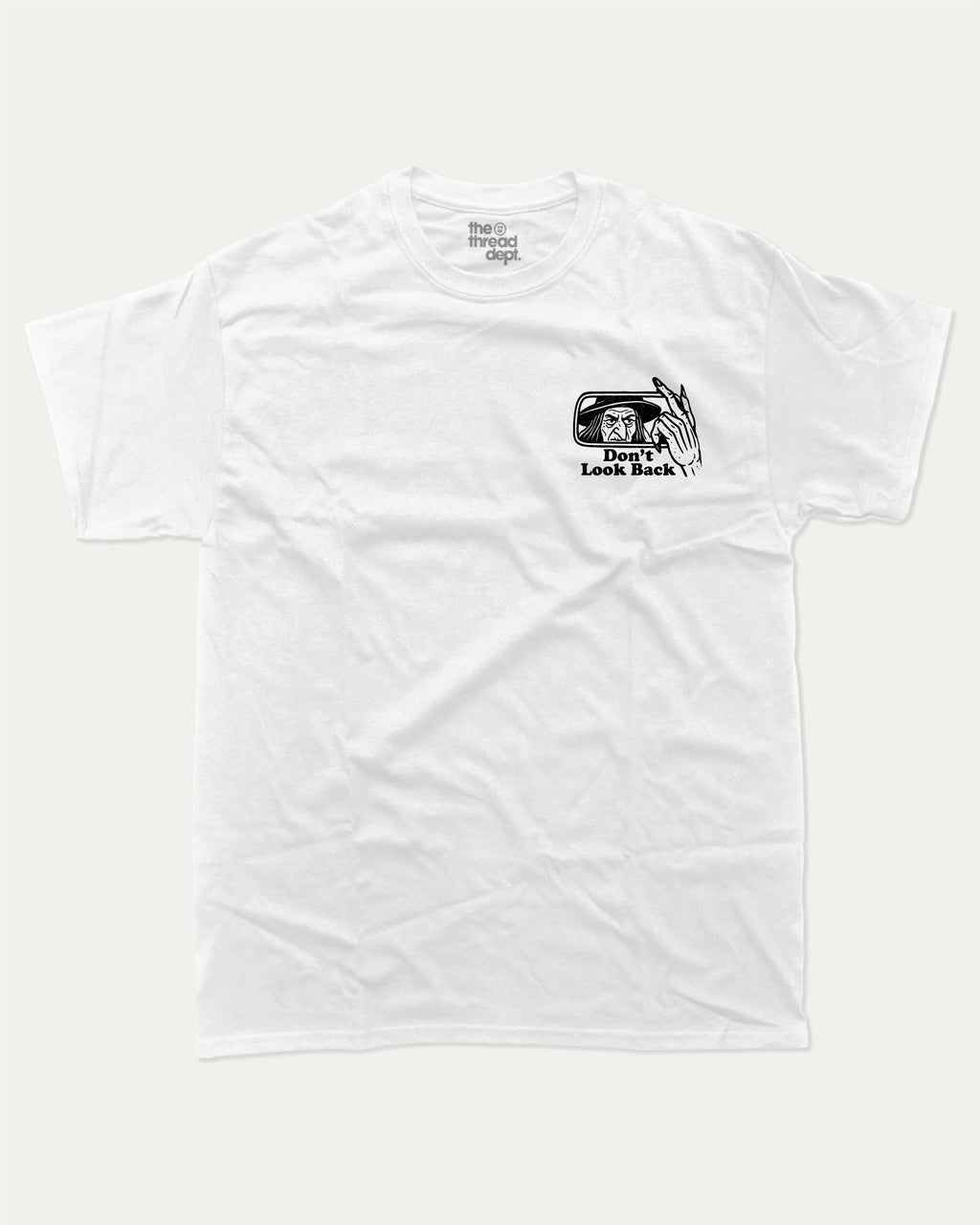 Don't Look Back graphic tee with bold and humorous print, funny and trendy graphic. Perfect gift for Halloween day, Halloween Graphic T shirt, Celebrating Halloween Tee,  Perfect for adults and gift-giving. White shirt.
