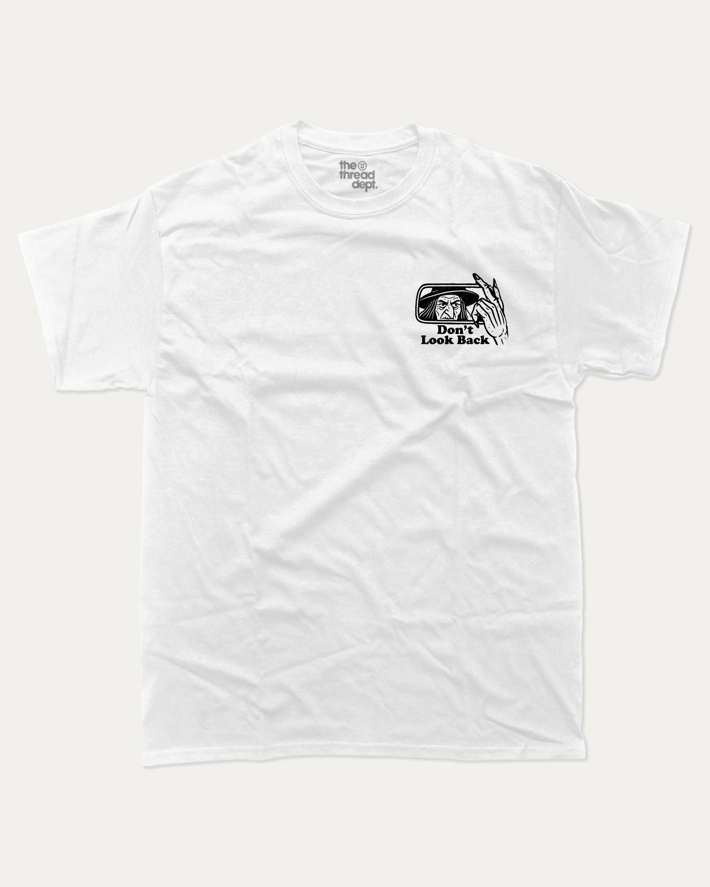 Don't Look Back graphic tee with bold and humorous print, funny and trendy graphic. Perfect gift for Halloween day, Halloween Graphic T shirt, Celebrating Halloween Tee,  Perfect for adults and gift-giving. White shirt.
