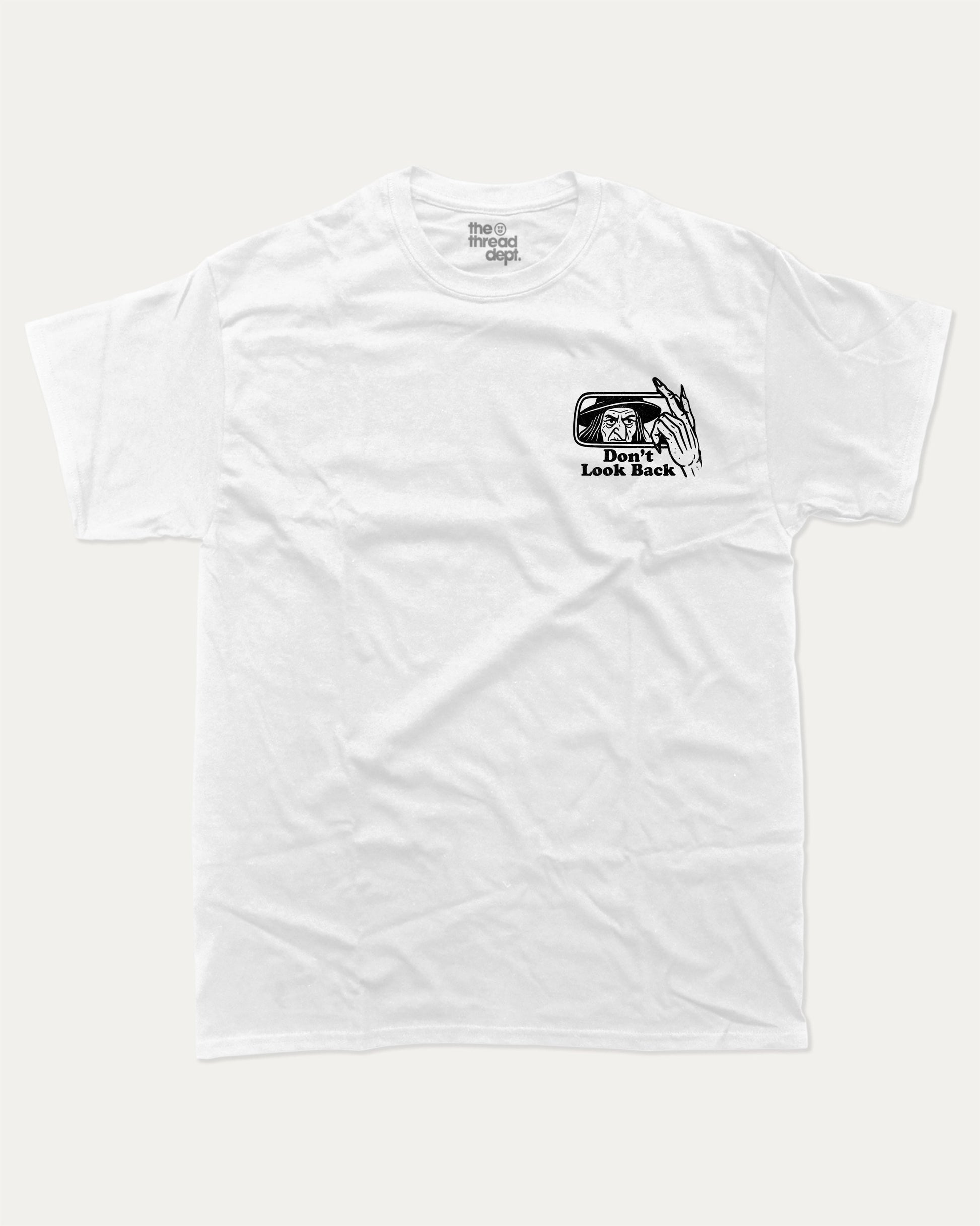 Don't Look Back graphic tee with bold and humorous print, funny and trendy graphic. Perfect gift for Halloween day, Halloween Graphic T shirt, Celebrating Halloween Tee,  Perfect for adults and gift-giving. White shirt.