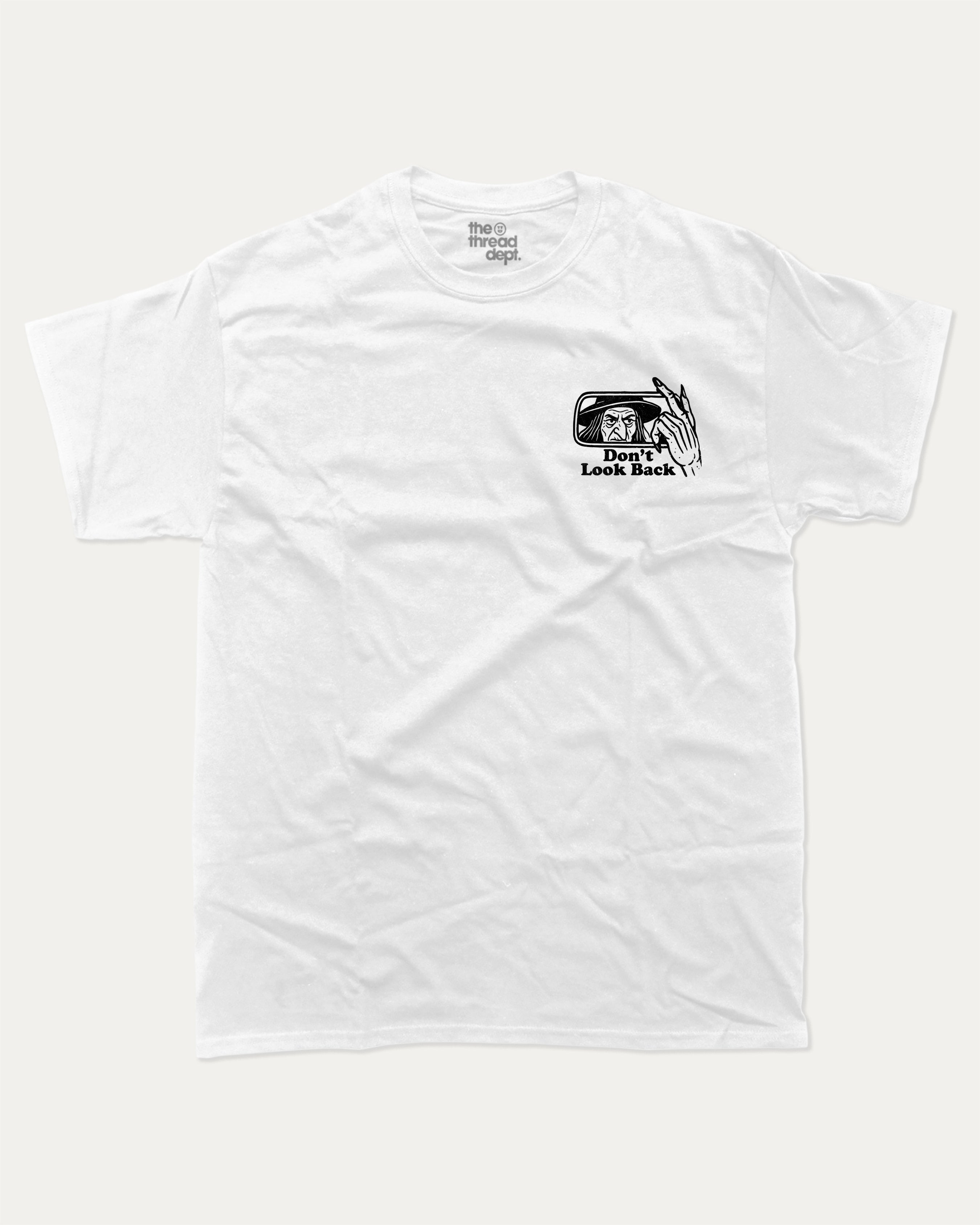 Don't Look Back graphic tee with bold and humorous print, funny and trendy graphic. Perfect gift for Halloween day, Halloween Graphic T shirt, Celebrating Halloween Tee,  Perfect for adults and gift-giving. White shirt.