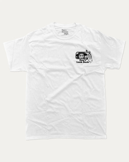 Don't Look Back graphic tee with bold and humorous print, funny and trendy graphic. Perfect gift for Halloween day, Halloween Graphic T shirt, Celebrating Halloween Tee,  Perfect for adults and gift-giving. White shirt.