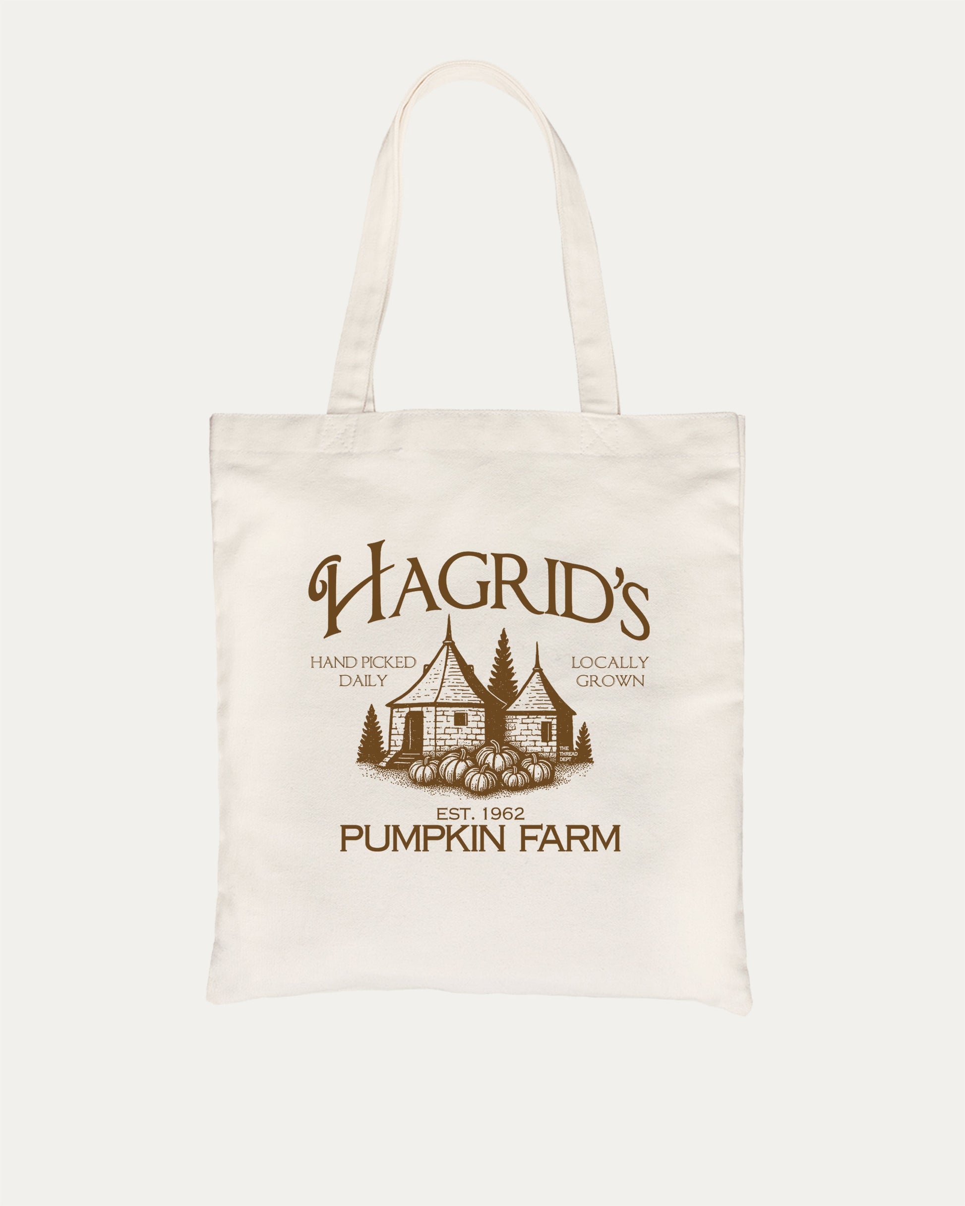 Hagrid's Pumpkin Farm cotton canvas tote bag with Vintage halloween graphic, perfect for everyday carry. A must-have halloween accessory, great for shopping, school, or casual days. Special gifts for friends. Natural bag