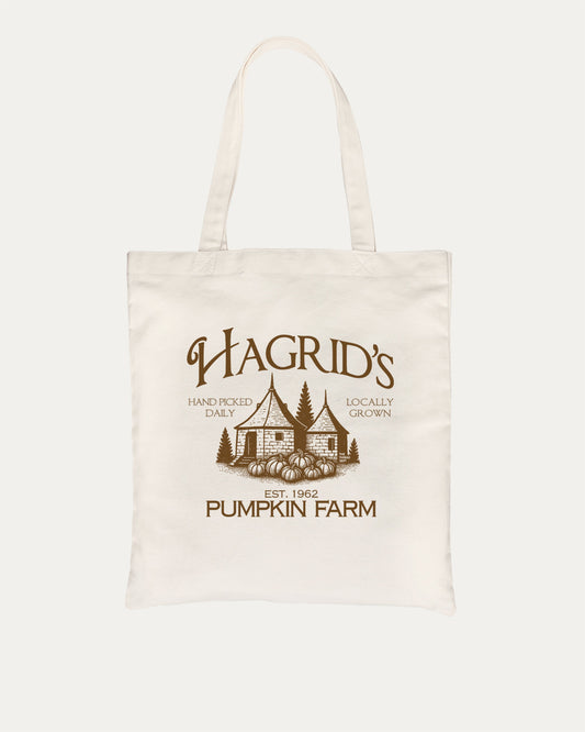 Hagrid's Pumpkin Farm cotton canvas tote bag with Vintage halloween graphic, perfect for everyday carry. A must-have halloween accessory, great for shopping, school, or casual days. Special gifts for friends. Natural bag