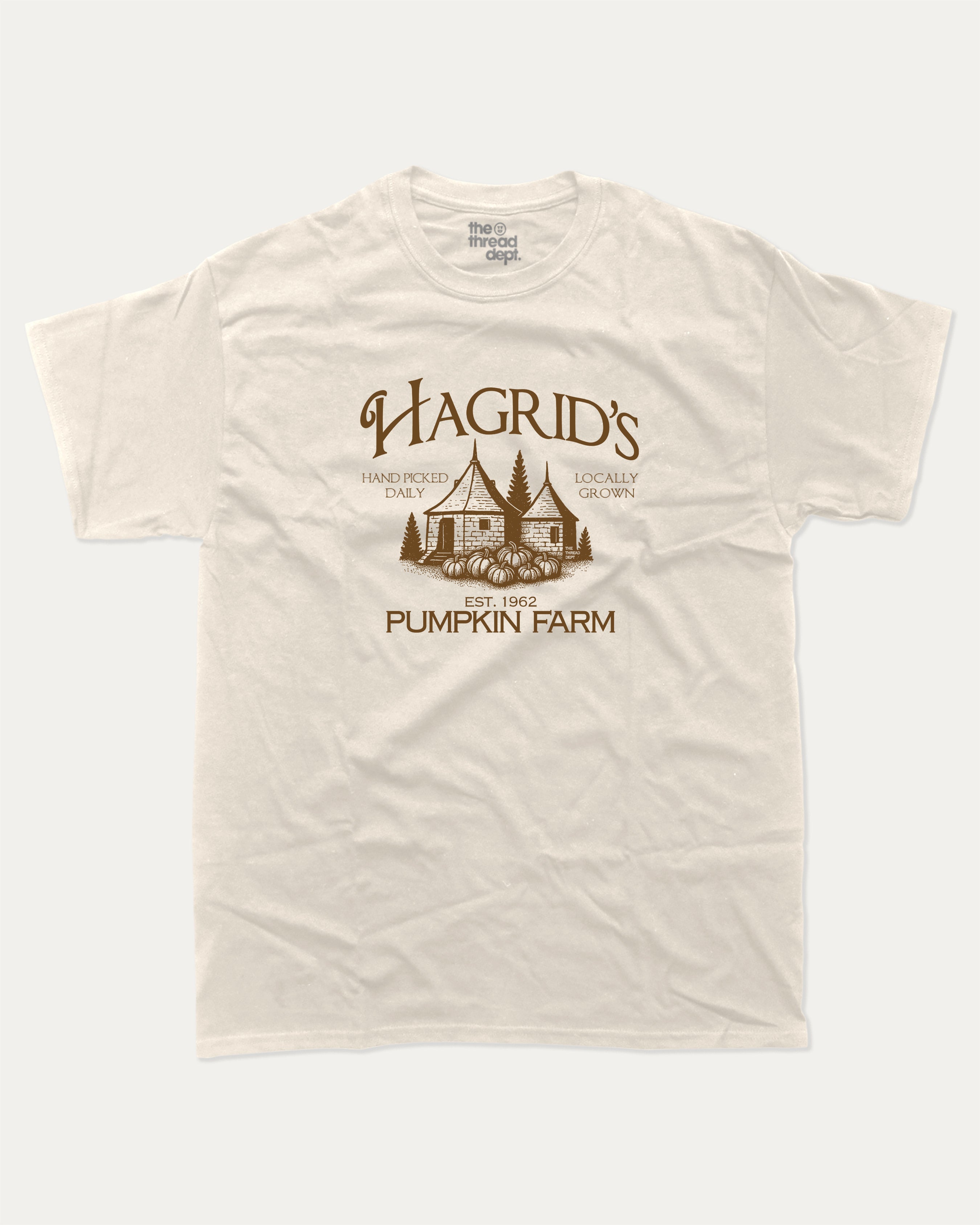 Hagrid's Pumpkin Farm graphic t-shirt, perfect halloween gift for friends. Vintage halloween tee, halloween graphic shirt, unique gift idea. Cream.