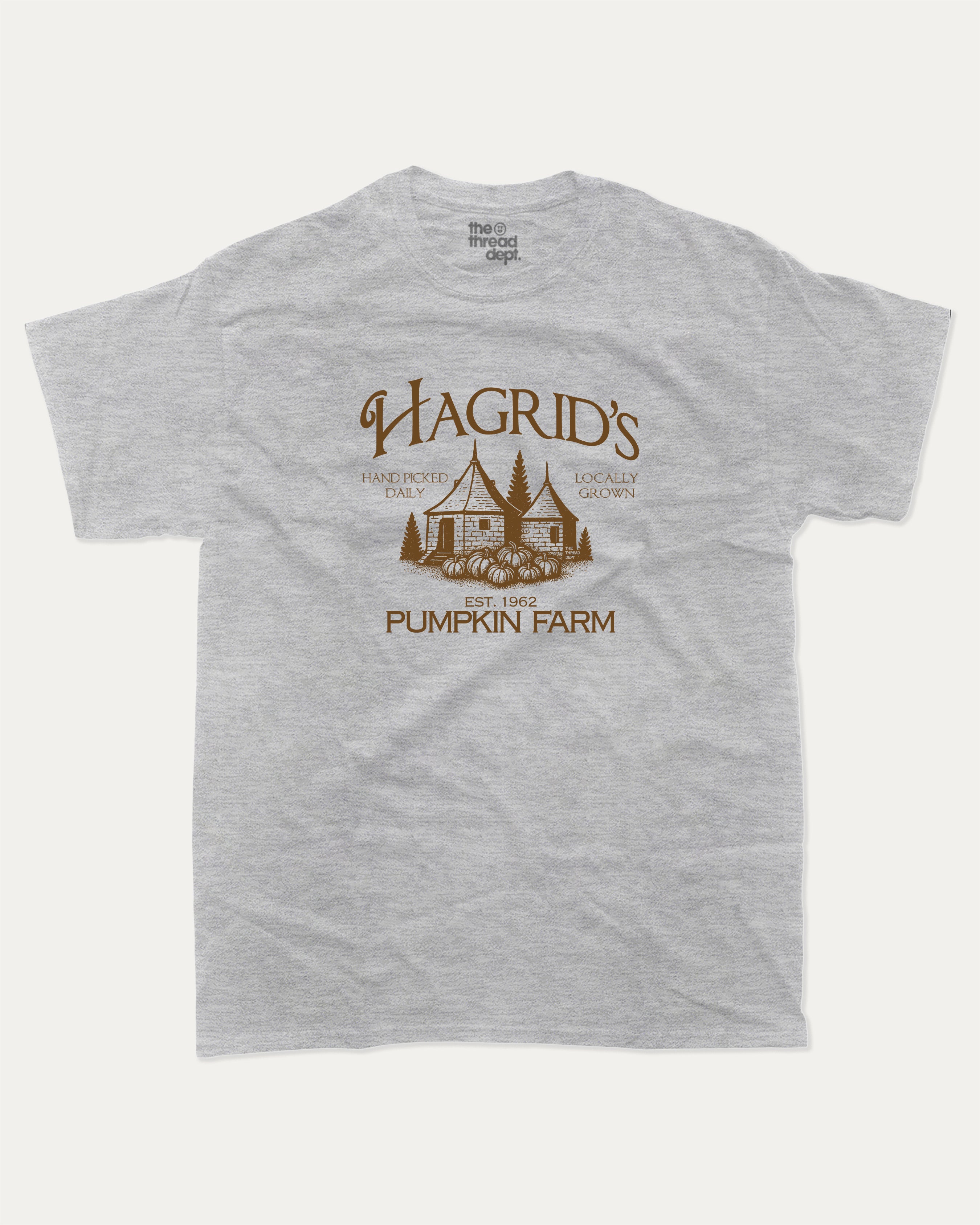 Hagrid's Pumpkin Farm graphic t-shirt, perfect halloween gift for friends. Vintage halloween tee, halloween graphic shirt, unique gift idea. Heather Grey.