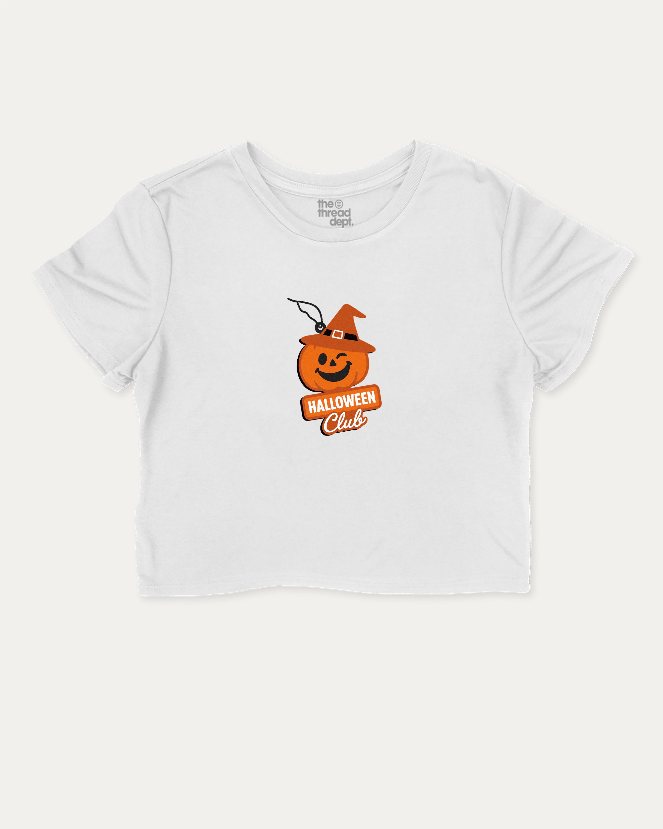 Halloween Club Freshener graphic crop tee with funny and trendy halloween quote print, perfect for women’s casual looks or layering. White crop t-shirt.
