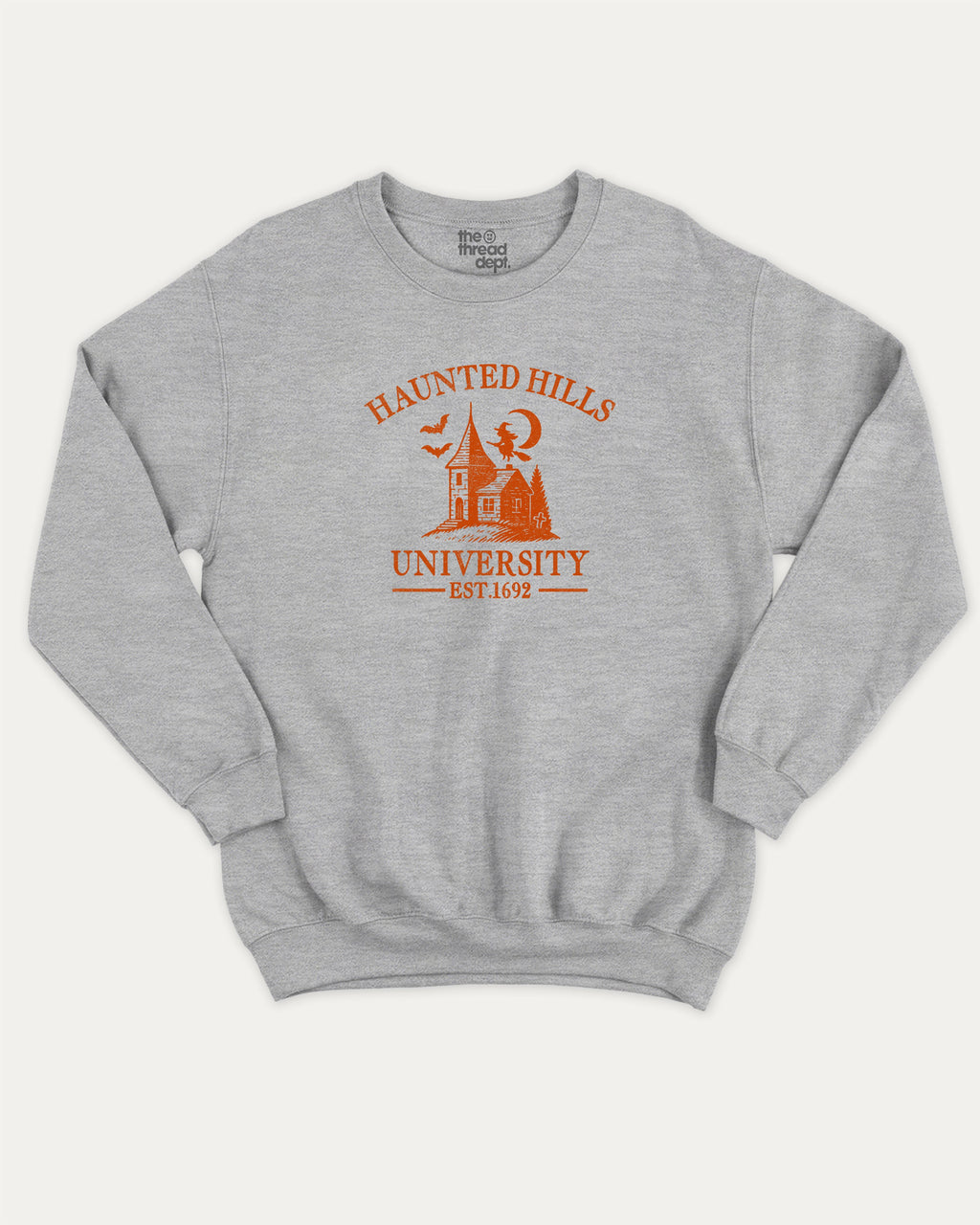Haunted Hills University graphic sweatshirt with bold and humorous print, Halloween Graphic T shirt, Spooky T shirt, Perfect Gift for Halloween Day, warm and cozy graphic for everyday wear. Perfect for adults and gift-giving. Heather Grey pullover.