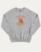 Haunted Hills University graphic sweatshirt with bold and humorous print, Halloween Graphic T shirt, Spooky T shirt, Perfect Gift for Halloween Day, warm and cozy graphic for everyday wear. Perfect for adults and gift-giving. Heather Grey pullover.