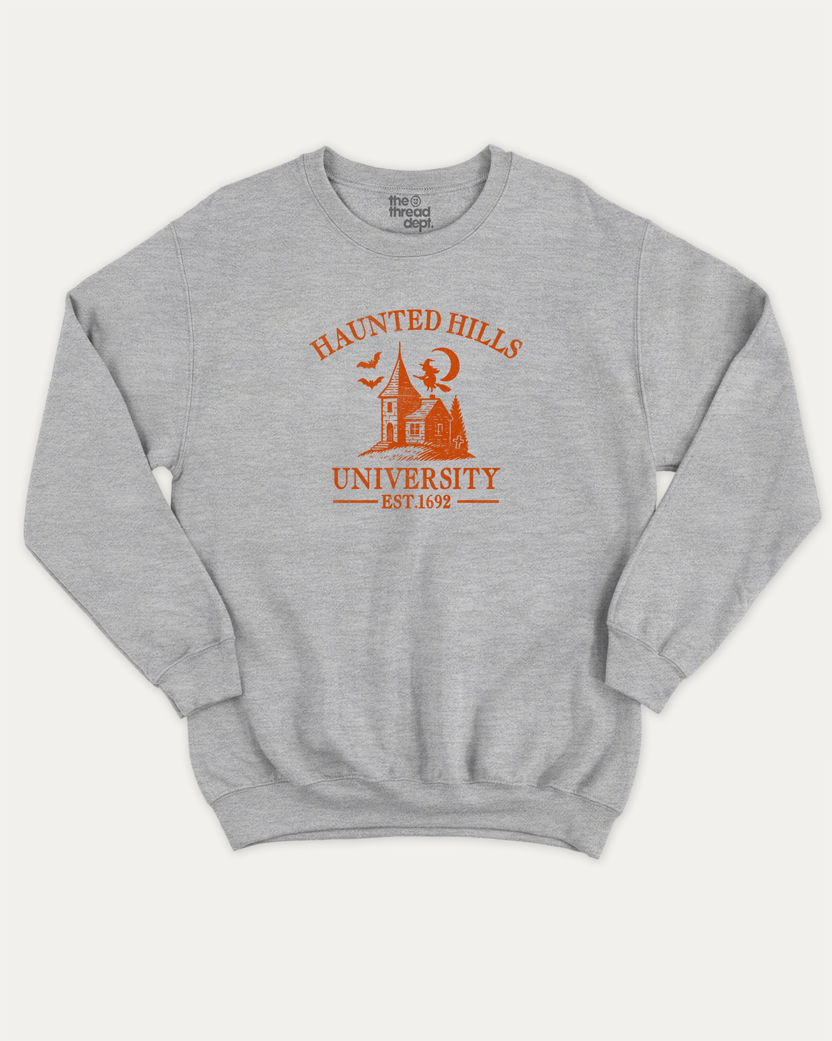 Haunted Hills University graphic sweatshirt with bold and humorous print, Halloween Graphic T shirt, Spooky T shirt, Perfect Gift for Halloween Day, warm and cozy graphic for everyday wear. Perfect for adults and gift-giving. Heather Grey pullover.
