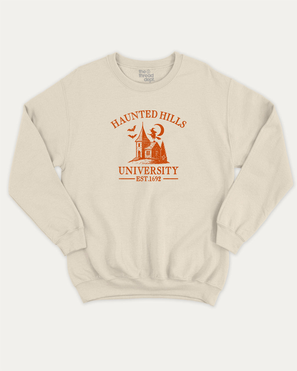 Haunted Hills University graphic sweatshirt with bold and humorous print, Halloween Graphic T shirt, Spooky T shirt, Perfect Gift for Halloween Day, warm and cozy graphic for everyday wear. Perfect for adults and gift-giving. Natural pullover.