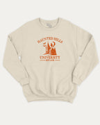 Haunted Hills University graphic sweatshirt with bold and humorous print, Halloween Graphic T shirt, Spooky T shirt, Perfect Gift for Halloween Day, warm and cozy graphic for everyday wear. Perfect for adults and gift-giving. Natural pullover.