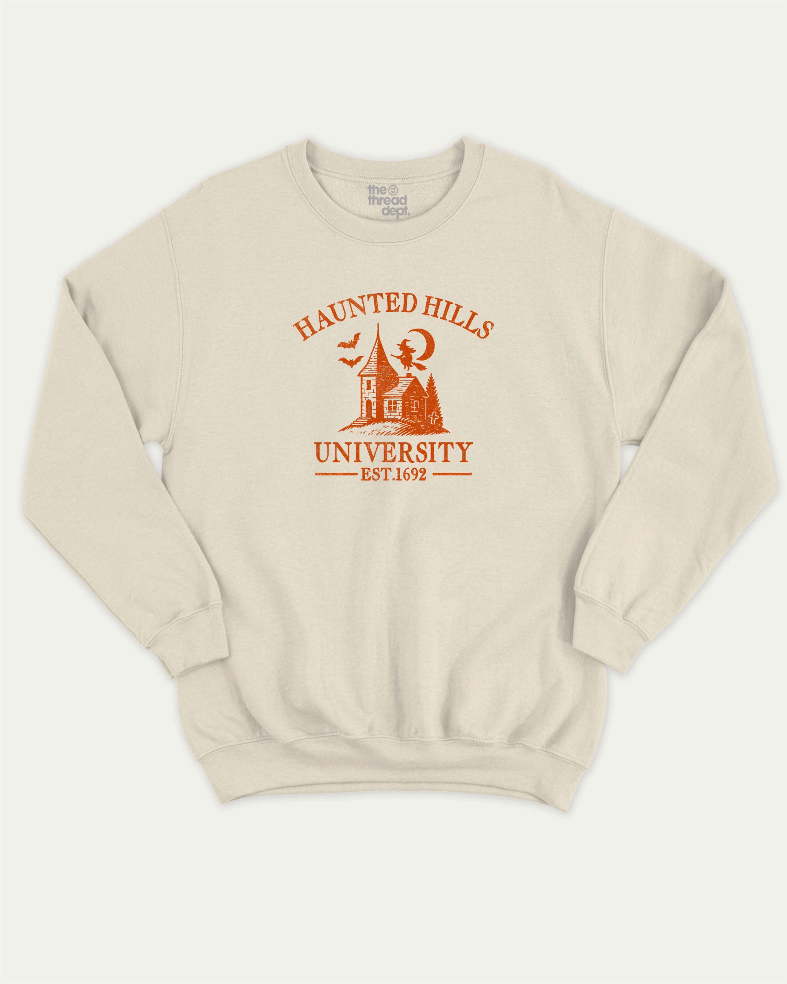 Haunted Hills University graphic sweatshirt with bold and humorous print, Halloween Graphic T shirt, Spooky T shirt, Perfect Gift for Halloween Day, warm and cozy graphic for everyday wear. Perfect for adults and gift-giving. Natural pullover.