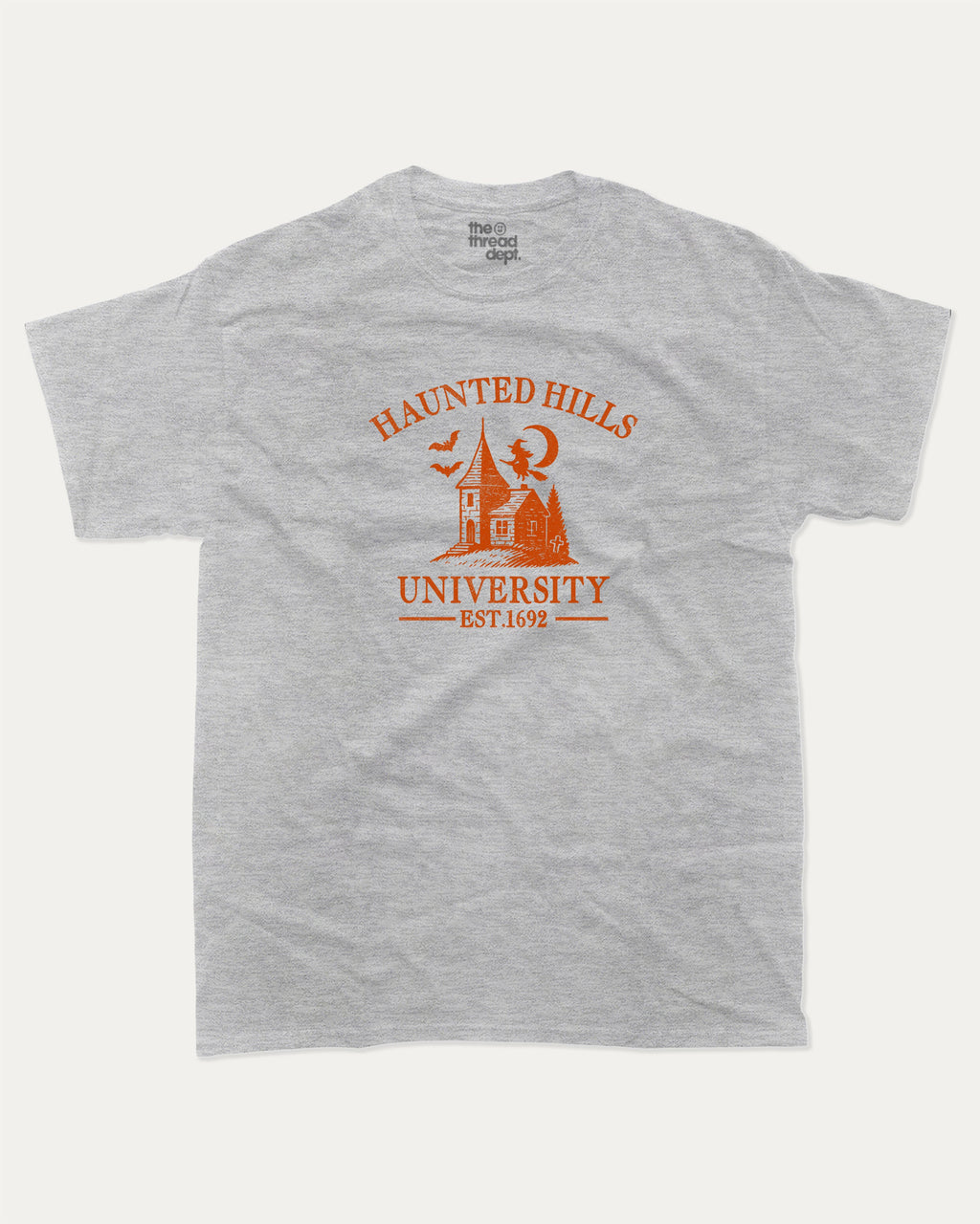Haunted Hills University graphic tee with bold and humorous print, Halloween Graphic T shirt, Spooky T shirt, Perfect Gift for Halloween Day, funny and trendy graphic. Perfect for adults and gift-giving. Heather Grey shirt.