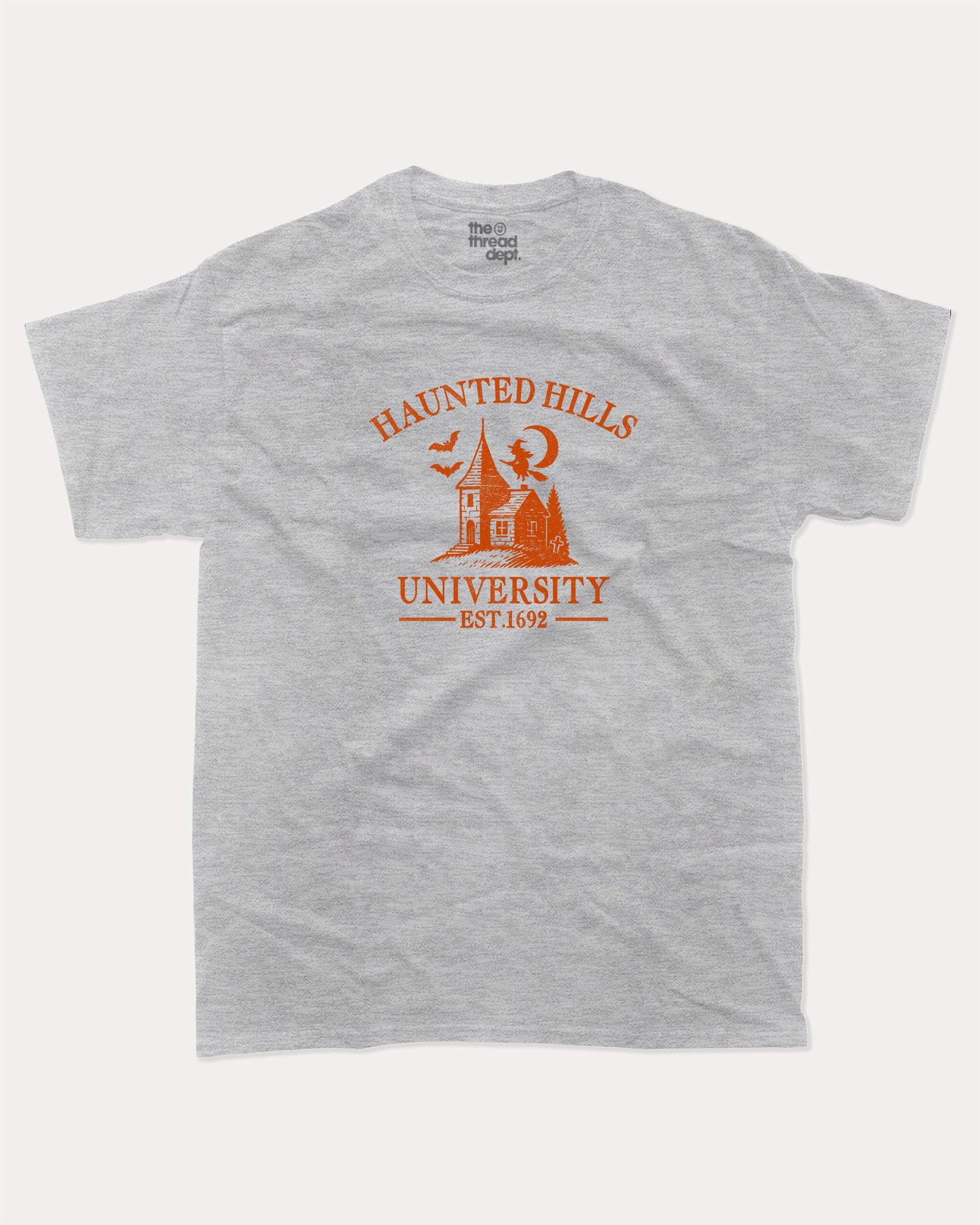Haunted Hills University graphic tee with bold and humorous print, Halloween Graphic T shirt, Spooky T shirt, Perfect Gift for Halloween Day, funny and trendy graphic. Perfect for adults and gift-giving. Heather Grey shirt.
