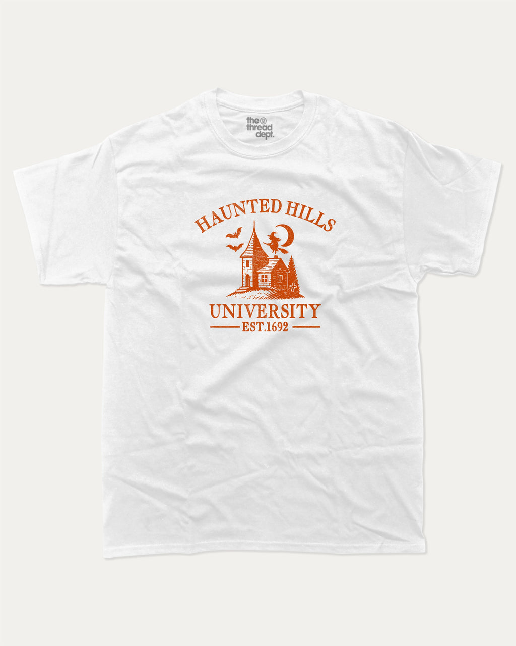 Haunted Hills University graphic tee with bold and humorous print, Halloween Graphic T shirt, Spooky T shirt, Perfect Gift for Halloween Day, funny and trendy graphic. Perfect for adults and gift-giving. White shirt.