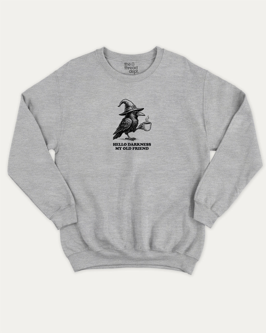 Hello Darkness My Old Friend graphic sweatshirt with bold and humorous print, Perfect Gift for Halloween Day, Halloween Graphic T shirt, warm and cozy graphic for everyday wear. Perfect for adults and gift-giving. Heather Grey pullover.