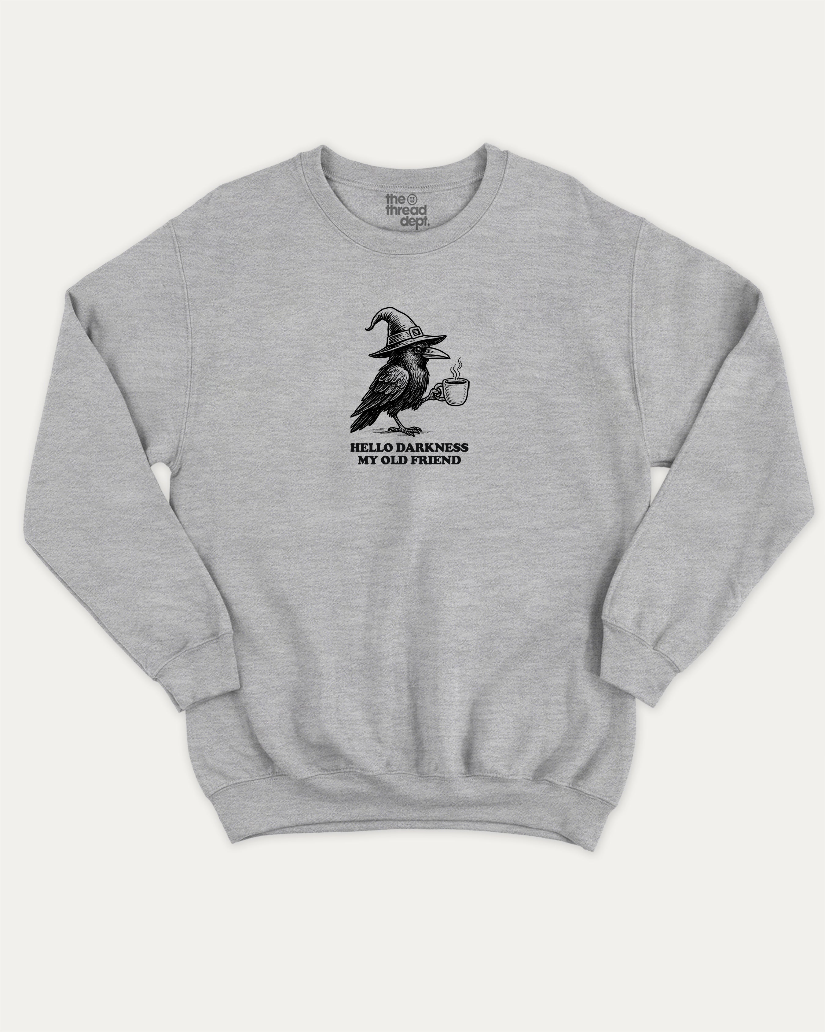Hello Darkness My Old Friend graphic sweatshirt with bold and humorous print, Perfect Gift for Halloween Day, Halloween Graphic T shirt, warm and cozy graphic for everyday wear. Perfect for adults and gift-giving. Heather Grey pullover.