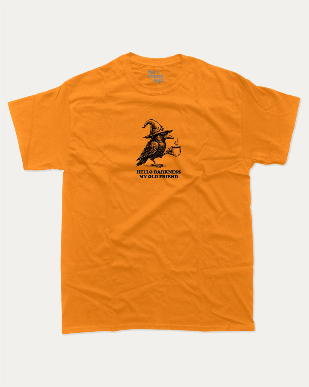 Hello Darkness My Old Friend graphic tee with bold and humorous print, Perfect Gift for Halloween Day, Halloween Graphic T shirt, funny and trendy graphic. Perfect for adults and gift-giving. Orange shirt.