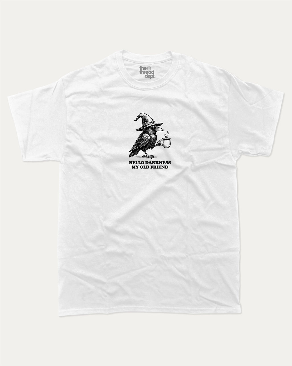 Hello Darkness My Old Friend graphic tee with bold and humorous print, Perfect Gift for Halloween Day, Halloween Graphic T shirt, funny and trendy graphic. Perfect for adults and gift-giving. White shirt.