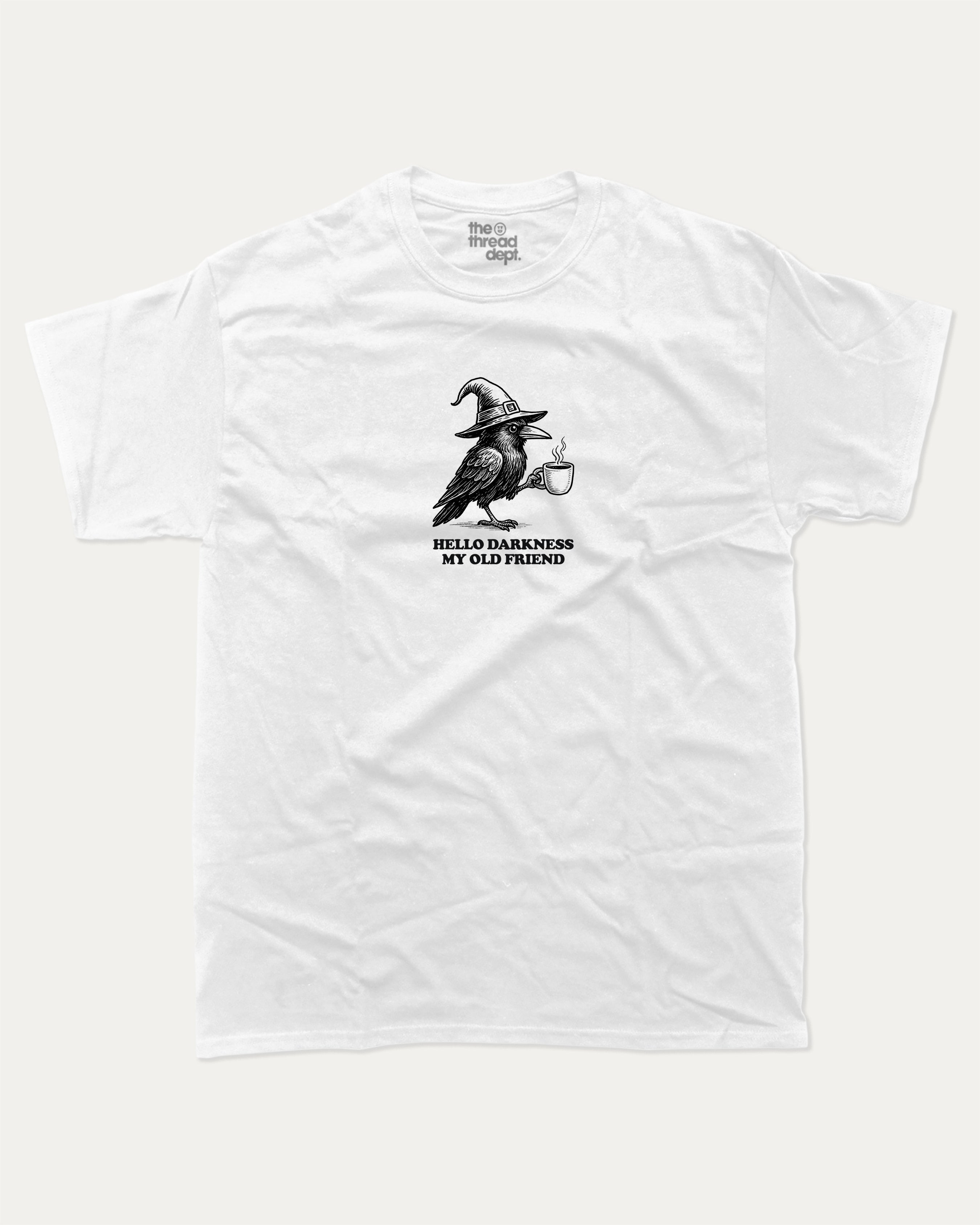 Hello Darkness My Old Friend graphic tee with bold and humorous print, Perfect Gift for Halloween Day, Halloween Graphic T shirt, funny and trendy graphic. Perfect for adults and gift-giving. White shirt.