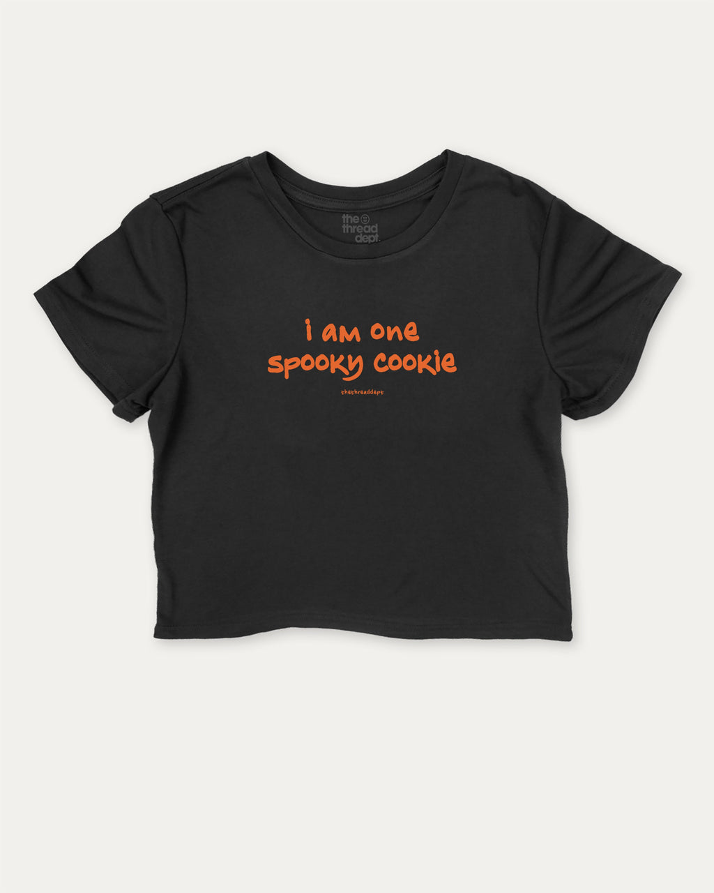 I am one spooky cookie graphic crop tee with funny and trendy slogan print, Halloween Graphic T shirt, Spooky T shirt, Perfect Gift for Halloween Day, perfect for women_ casual looks or layering. Black crop t-shirt.