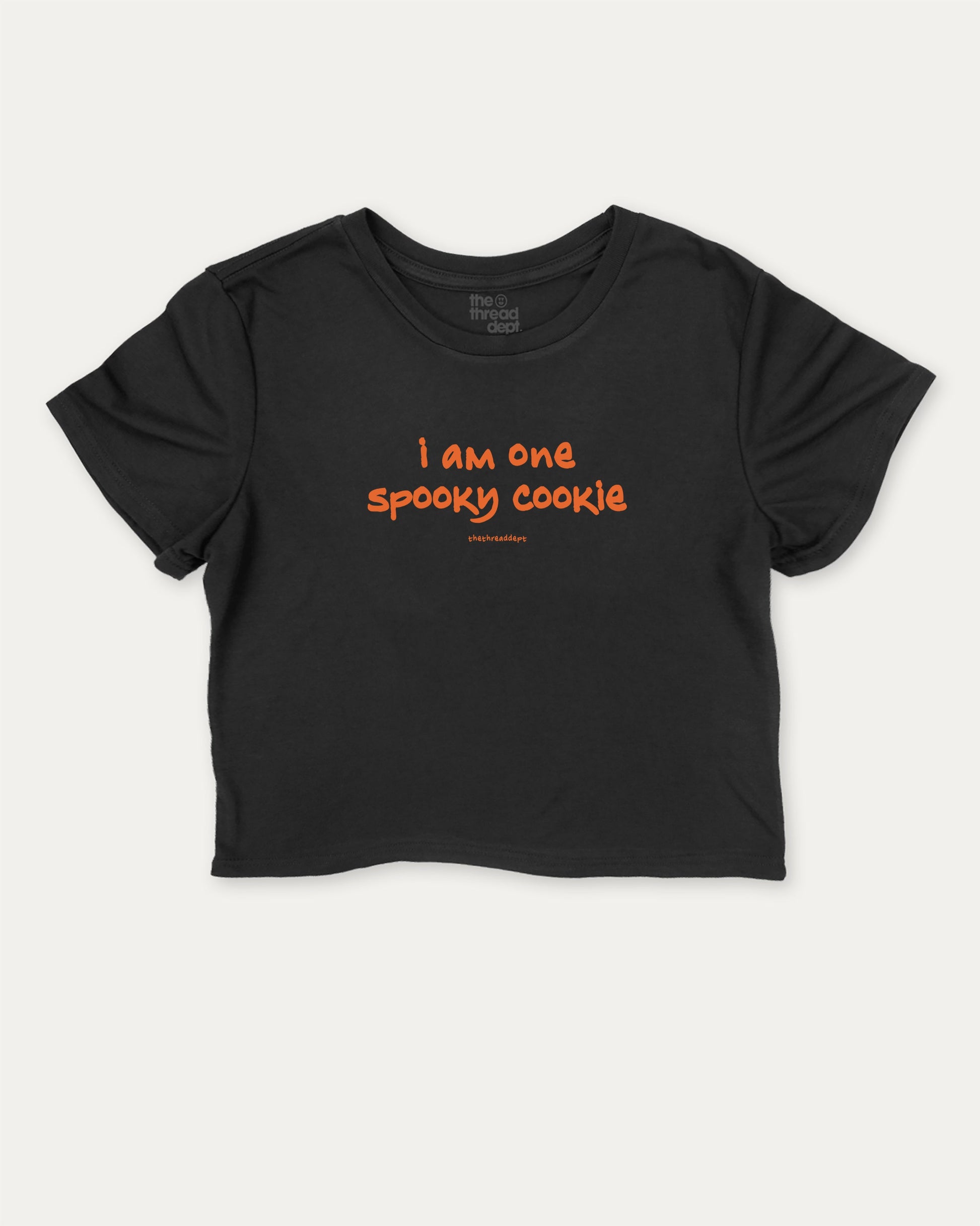 I am one spooky cookie graphic crop tee with funny and trendy slogan print, Halloween Graphic T shirt, Spooky T shirt, Perfect Gift for Halloween Day, perfect for women’s casual looks or layering. Black crop t-shirt.