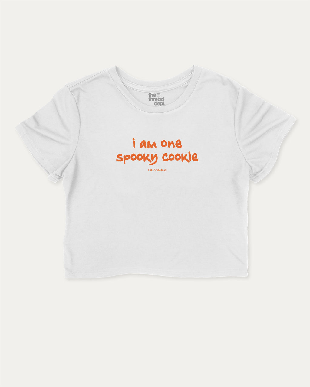 I am one spooky cookie graphic crop tee with funny and trendy slogan print, Halloween Graphic T shirt, Spooky T shirt, Perfect Gift for Halloween Day, perfect for women_ casual looks or layering. White crop t-shirt.