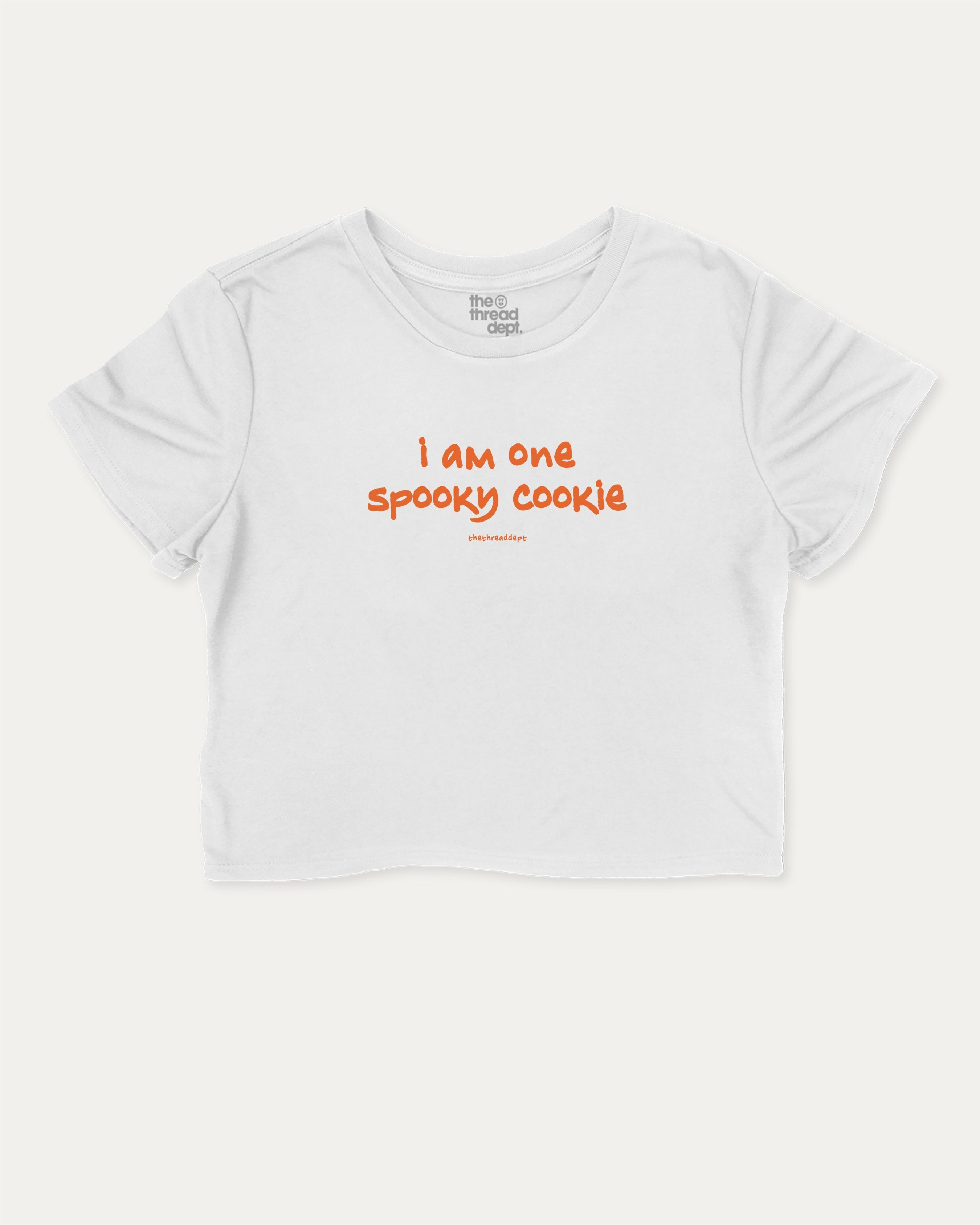 I am one spooky cookie graphic crop tee with funny and trendy slogan print, Halloween Graphic T shirt, Spooky T shirt, Perfect Gift for Halloween Day, perfect for women_ casual looks or layering. White crop t-shirt.