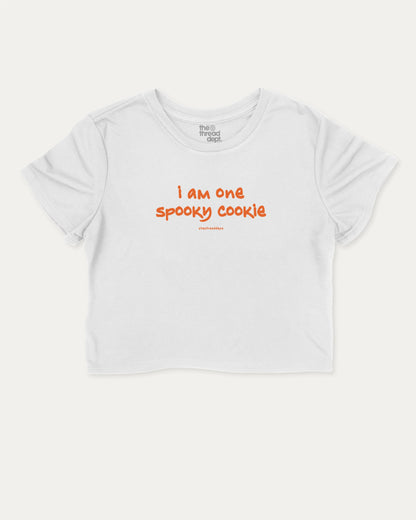I am one spooky cookie graphic crop tee with funny and trendy slogan print, Halloween Graphic T shirt, Spooky T shirt, Perfect Gift for Halloween Day, perfect for women’s casual looks or layering. White crop t-shirt.