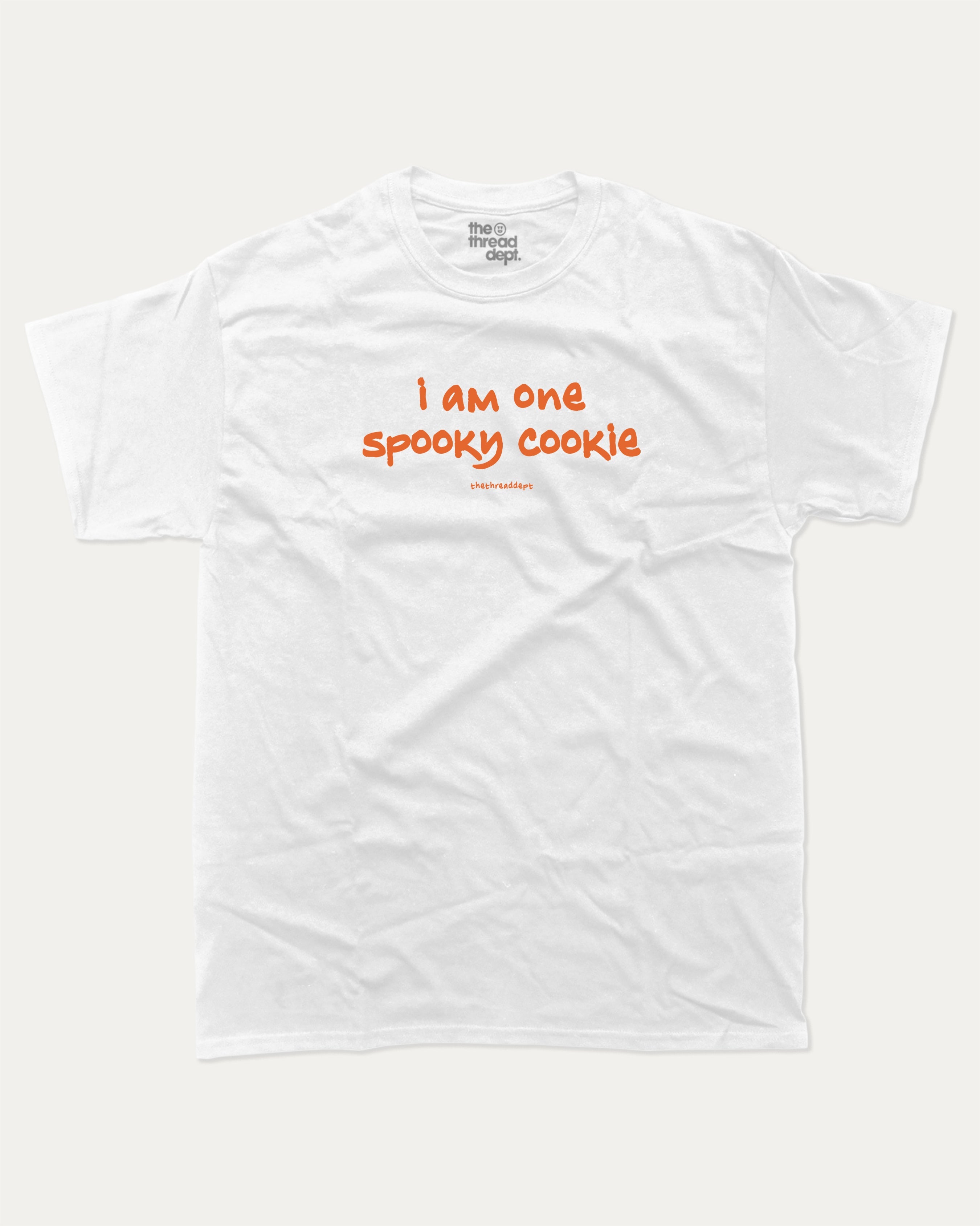 I am one spooky cookie graphic tee with bold and humorous print, Halloween Graphic T shirt, Spooky T shirt, Perfect Gift for Halloween Day, funny and trendy graphic. Perfect for adults and gift-giving. White shirt.
