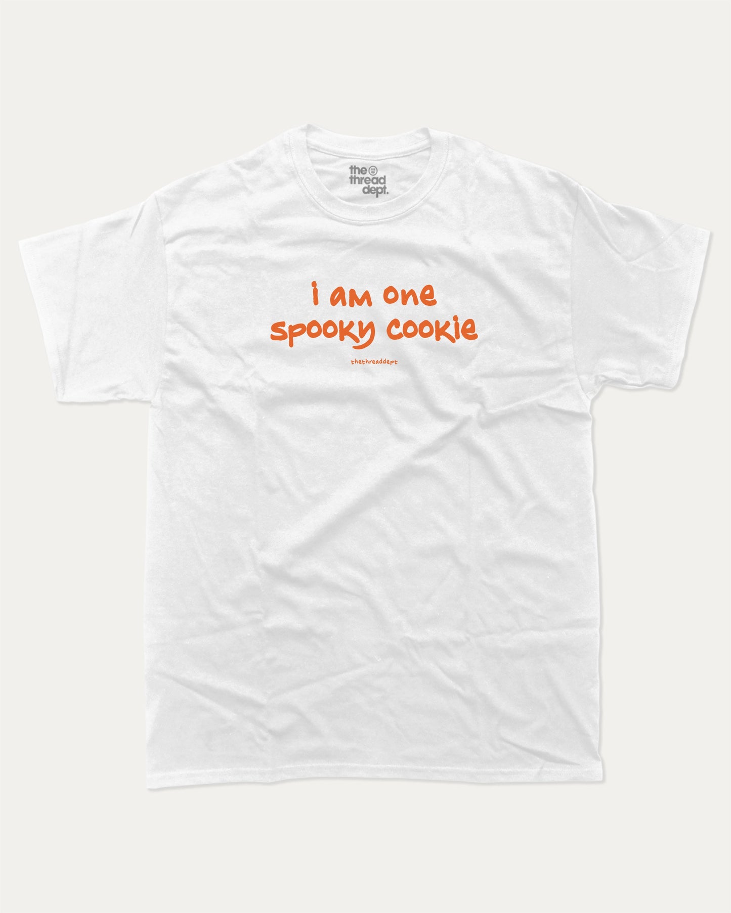 I am one spooky cookie graphic tee with bold and humorous print, Halloween Graphic T shirt, Spooky T shirt, Perfect Gift for Halloween Day, funny and trendy graphic. Perfect for adults and gift-giving. White shirt.