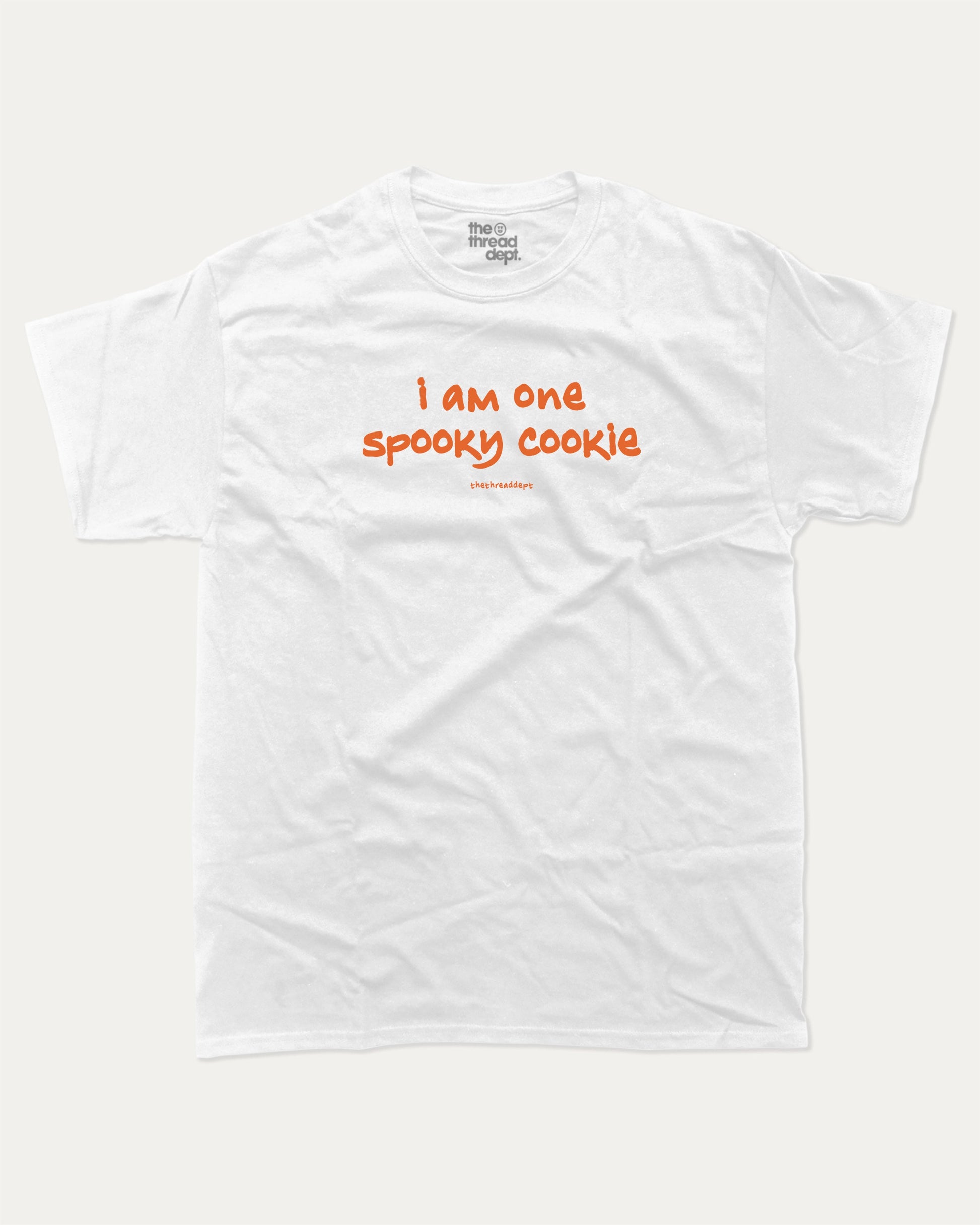 I am one spooky cookie graphic tee with bold and humorous print, Halloween Graphic T shirt, Spooky T shirt, Perfect Gift for Halloween Day, funny and trendy graphic. Perfect for adults and gift-giving. White shirt.