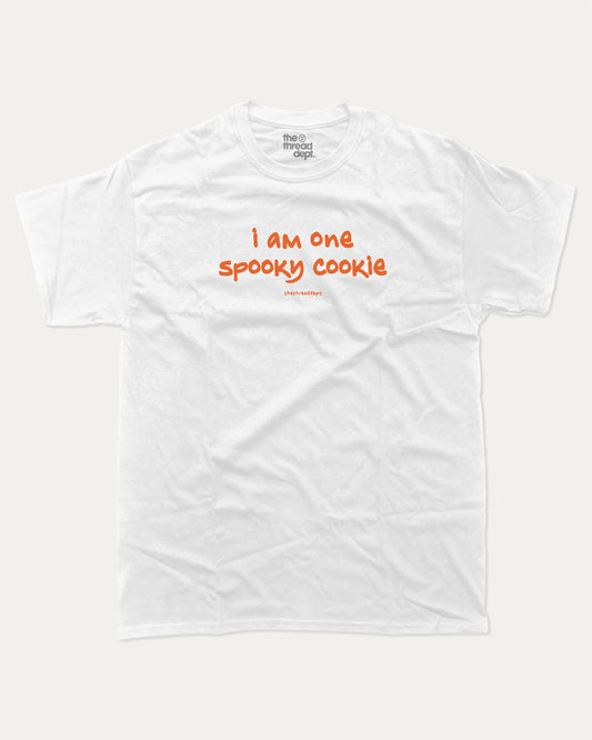 I am one spooky cookie graphic tee with bold and humorous print, Halloween Graphic T shirt, Spooky T shirt, Perfect Gift for Halloween Day, funny and trendy graphic. Perfect for adults and gift-giving. White shirt.