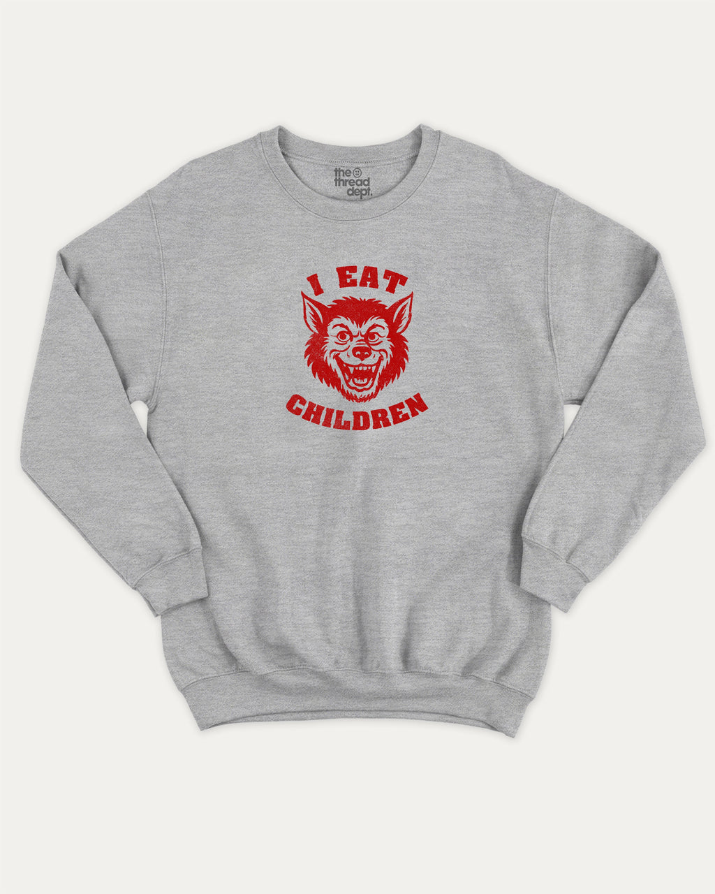 I eat children graphic sweatshirt with bold and humorous print, Perfect Gift for Halloween Day, Halloween Day Graphic T shirt, warm and cozy graphic for everyday wear. Perfect for adults and gift-giving. Heather Grey pullover.